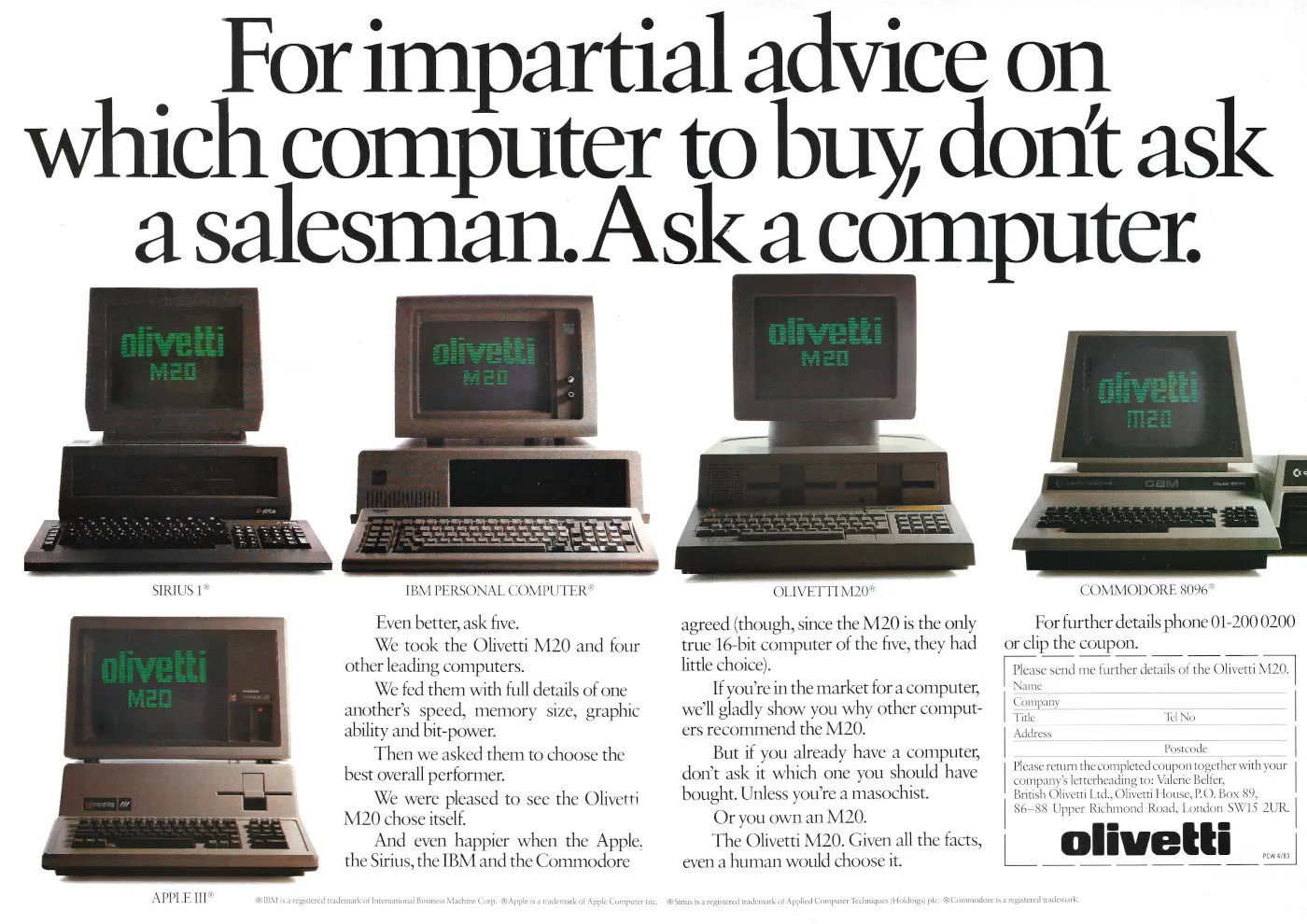 Olivetti Advert: For impartial advice on which computer to buy, don't ask a salesman.  Ask a computer, from Personal Computer World, April 1983
