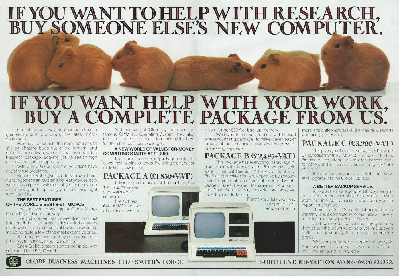 Globe Business Machines Advert: If you want to help with research, buy someone else's computer, from Personal Computer World, April 1983