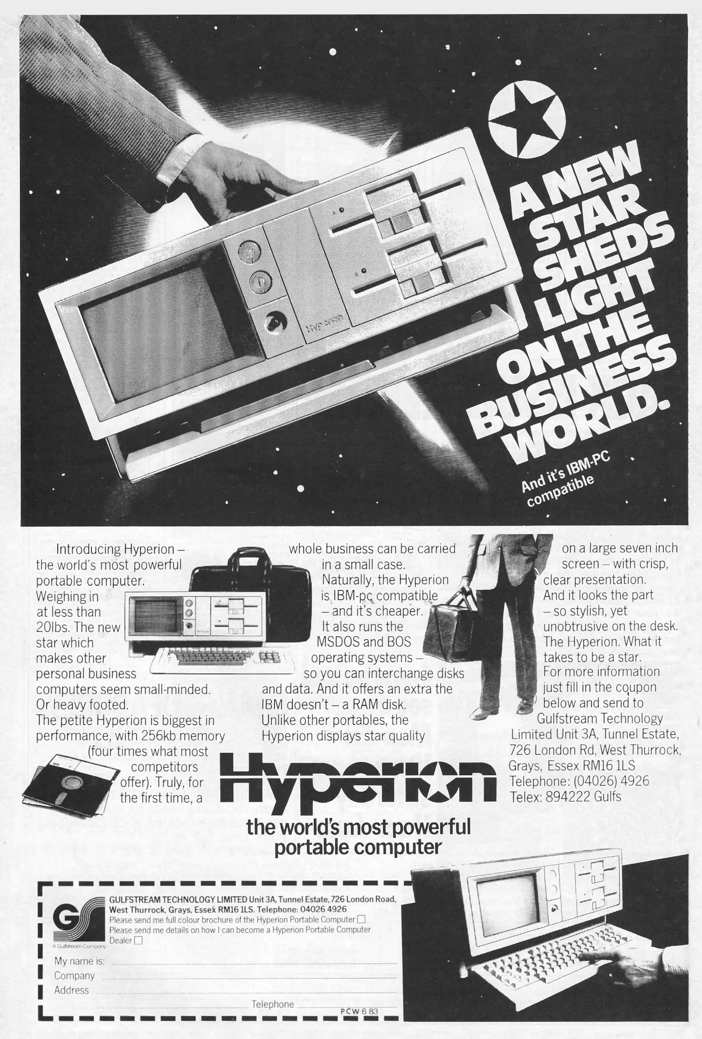 Gulfstream/Bytec Advert: Hyperion - The world's most powerful portable computer, from Personal Computer World, June 1983