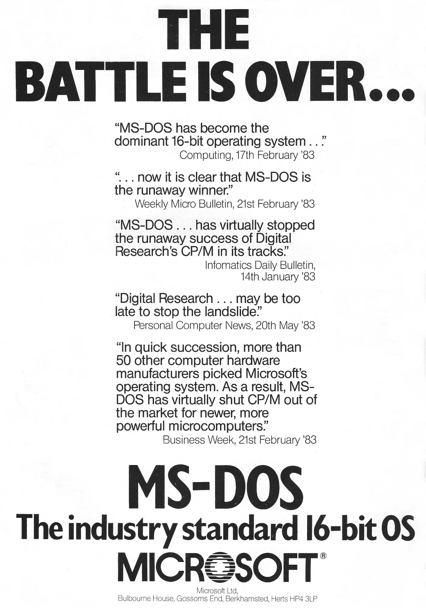 Microsoft Advert: The battle is over: MS-DOS has become the dominant 16-bit operating system, from Personal Computer World, July 1983