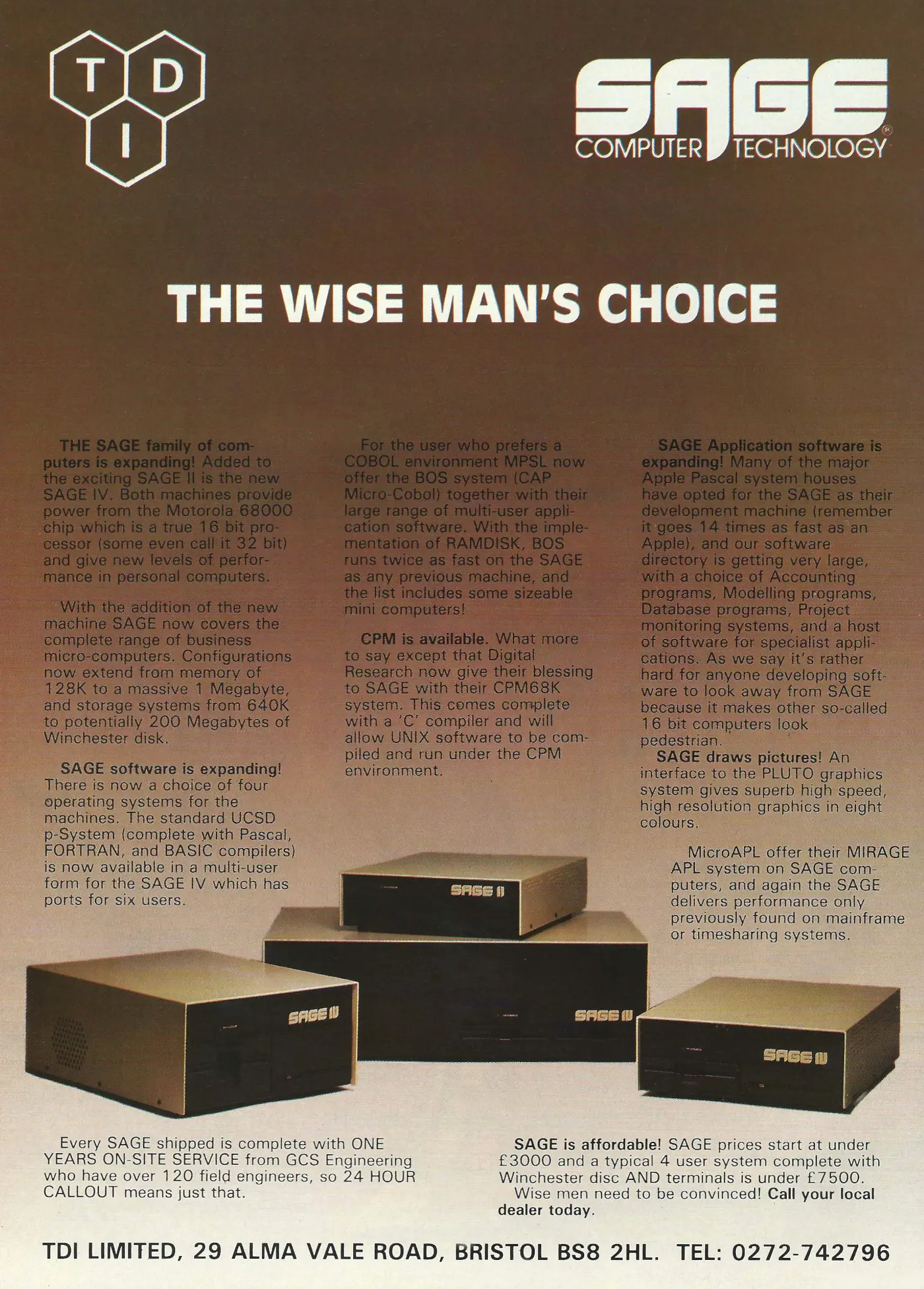 TDI/Sage Advert: Sage Computer Technology: The wise man's choice, from Personal Computer World, July 1983
