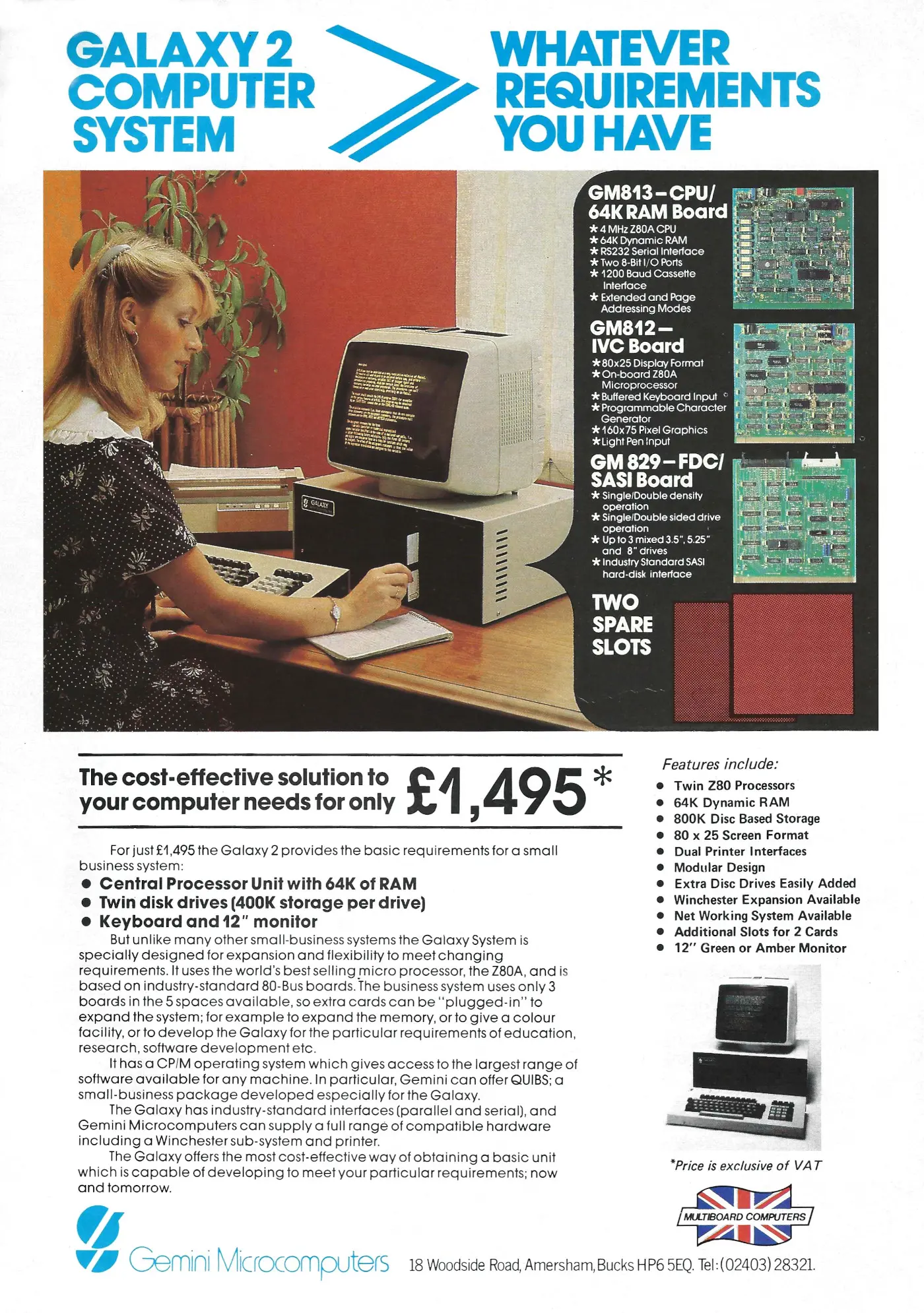 Gemini Micro Advert: Galaxy 2 Computer System - Whatever requirements you have, from Personal Computer World, July 1983