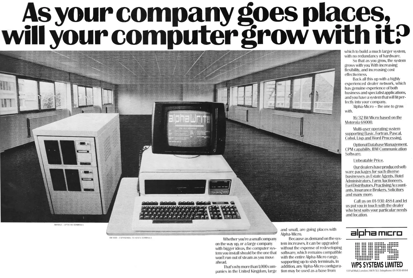 Alpha Micro Advert: As your company goes places, will your computer grow with it?, from Personal Computer World, September 1983