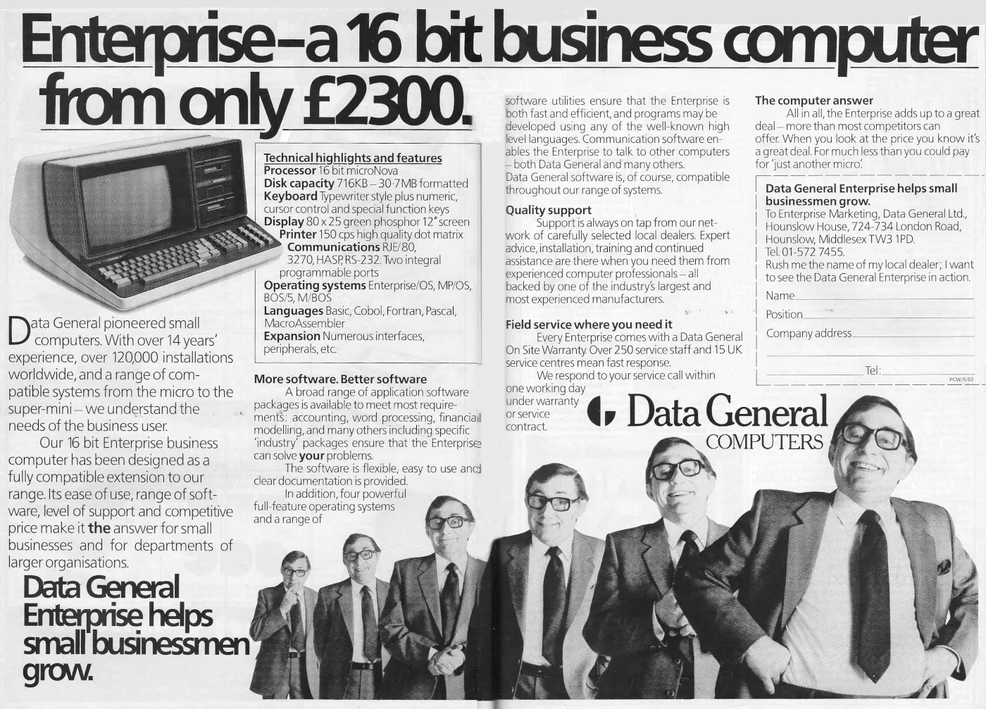 Data General Advert: Enterprise - a 16 bit business computer from only £2,300, from Personal Computer World, October 1983