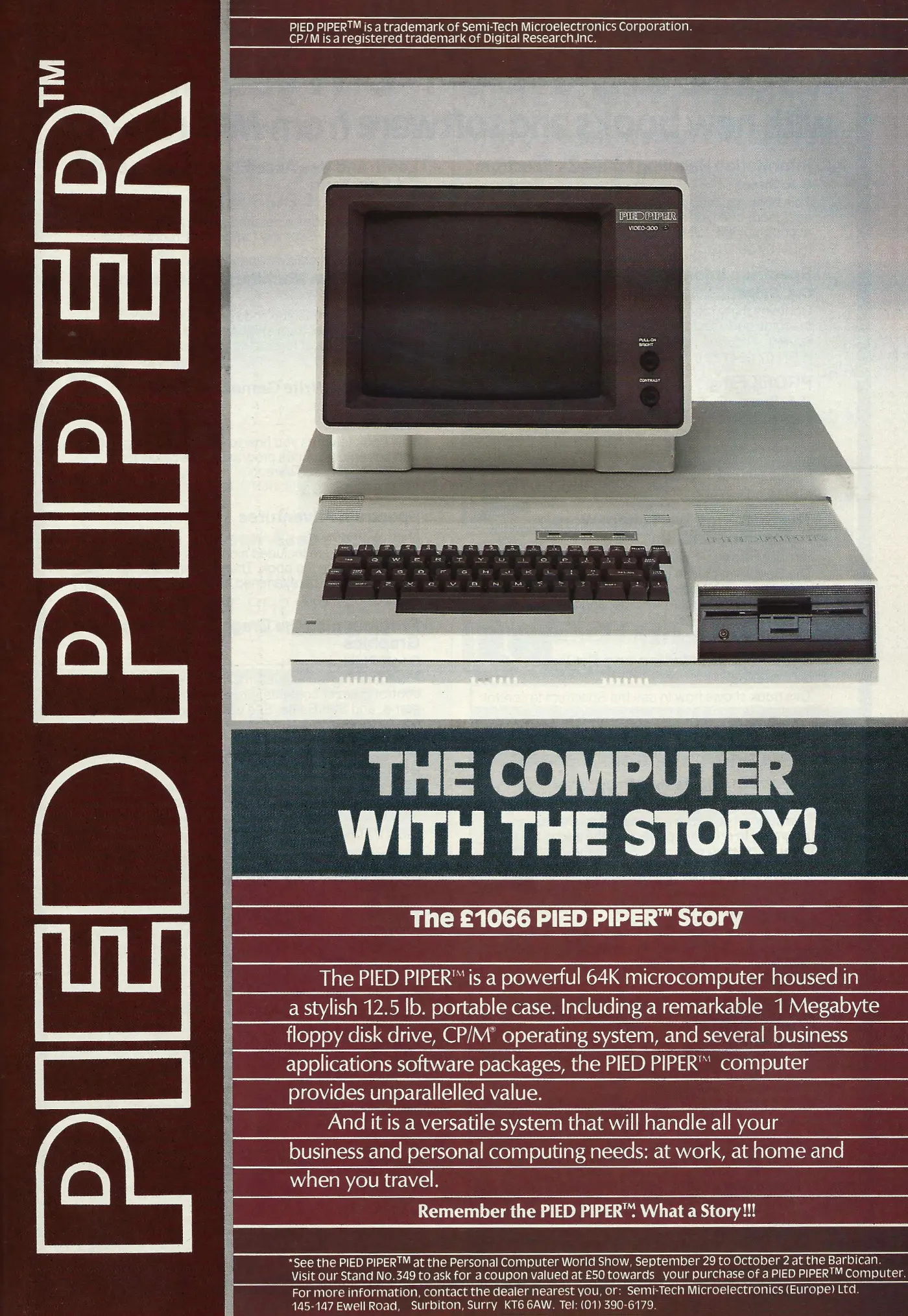 Semi-Tech/Pied Piper Advert: The computer with the story!, from Personal Computer World, October 1983