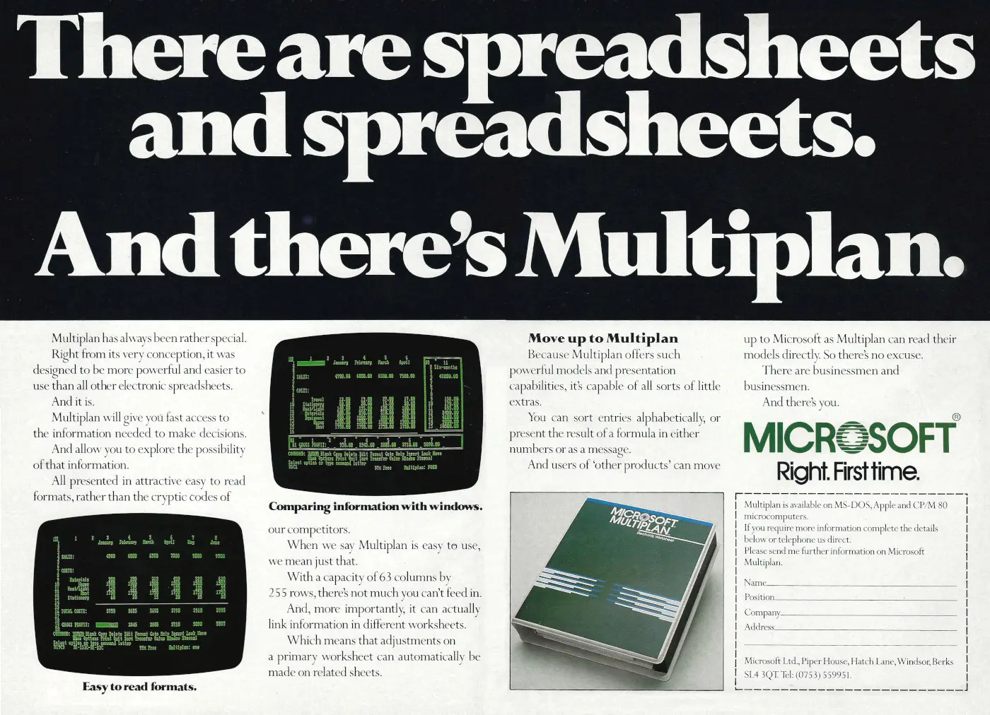 Microsoft Advert: There are spreadsheets and spreadsheets. And there's Multiplan, from Personal Computer World, March 1984