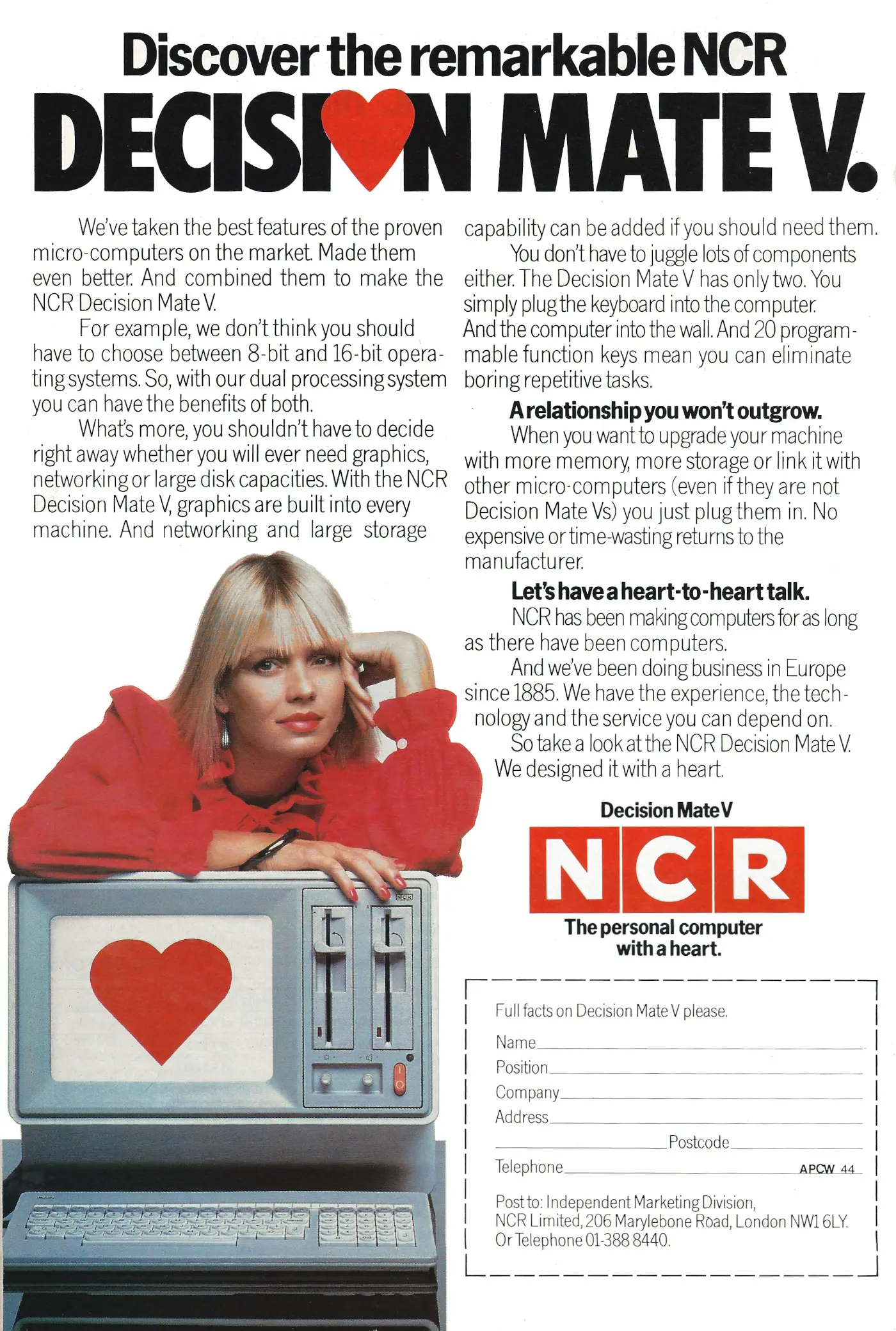 NCR Advert: Discover the remarkable NCR Decision Mate V, from Personal Computer World, March 1984