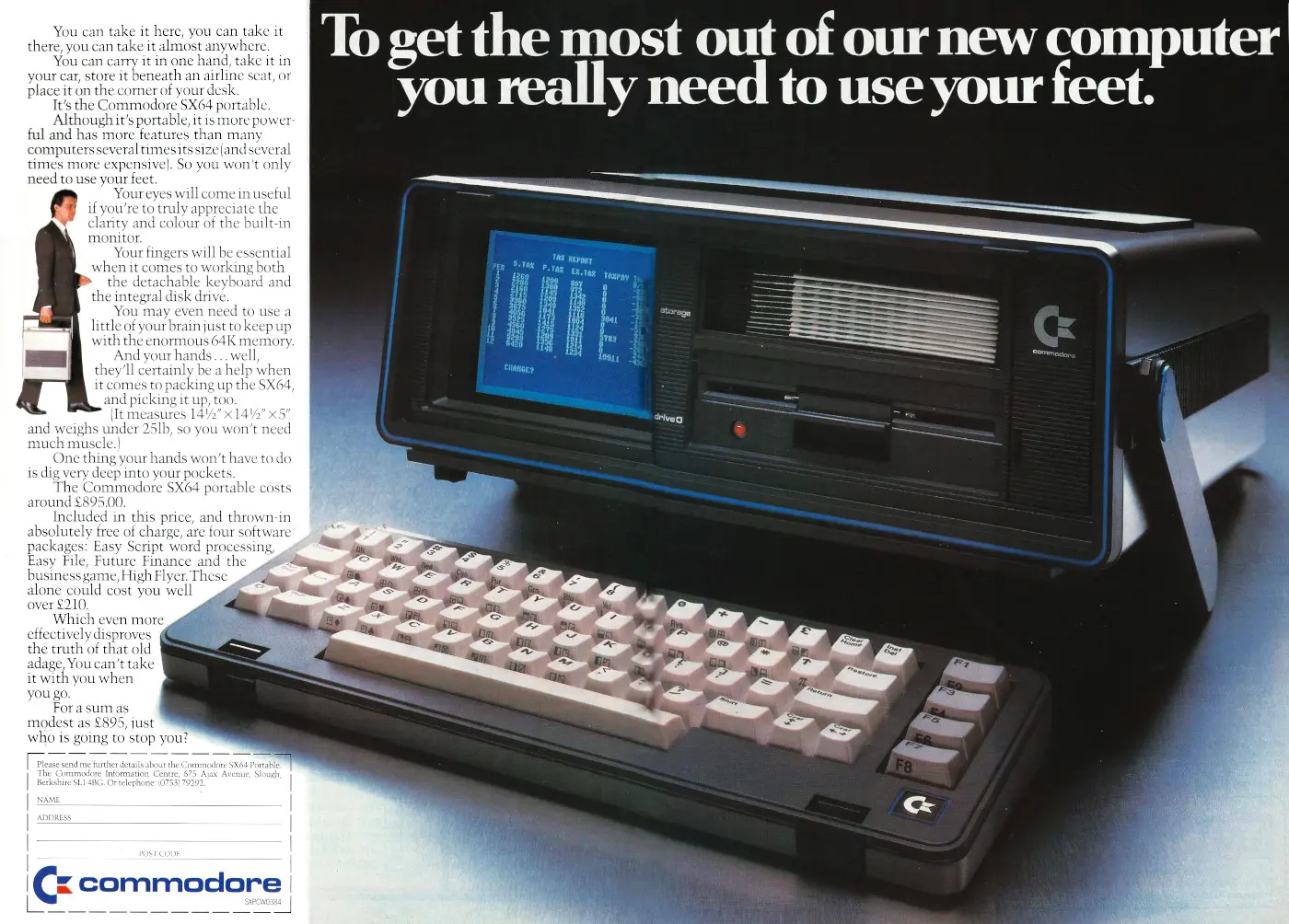 Commodore Advert: To get the most out of your new computer, you really need to use your feet, from Personal Computer World, March 1984