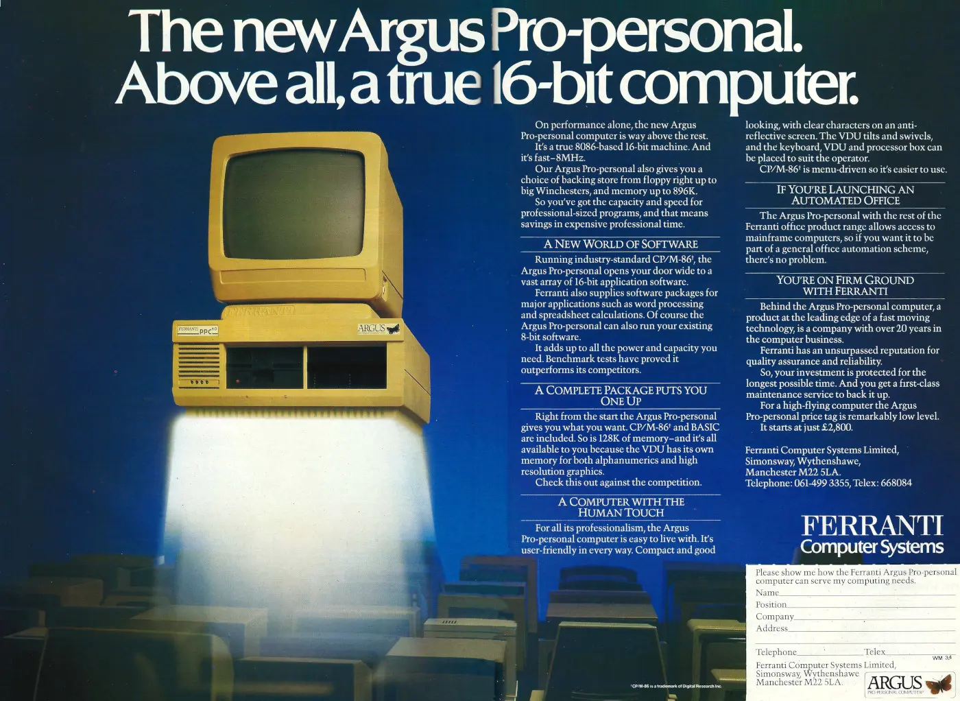 Ferranti Advert: The new <span class='hilite'>Argus Pro-personal</span>. Above all, a true 16-bit computer, from Personal Computer World, March 1984