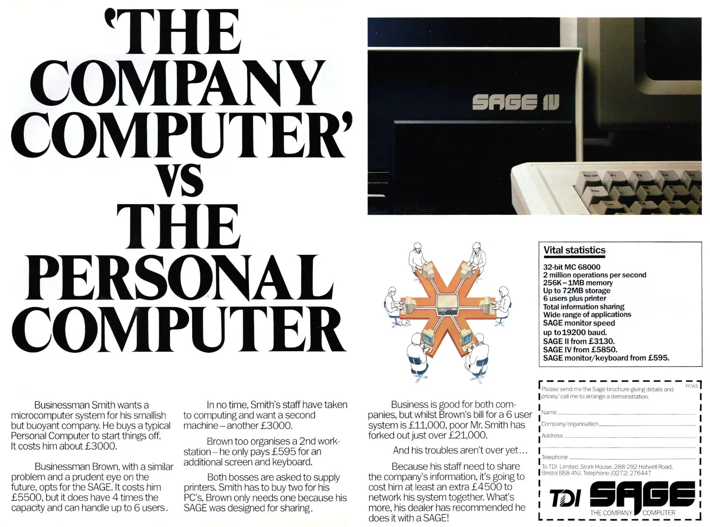 TDI/Sage Advert: The Company Computer vs. the Personal Computer, from Personal Computer World, March 1984