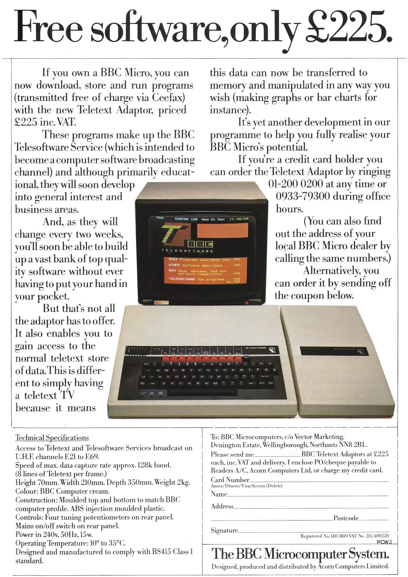 Acorn Advert: Free software, only £225, from Personal Computer World, March 1984