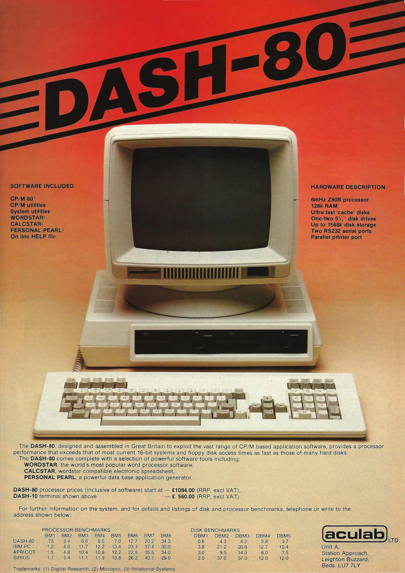 Aculab Advert: The DASH-80, designed and assembled in Great Britain, from Personal Computer World, August 1984