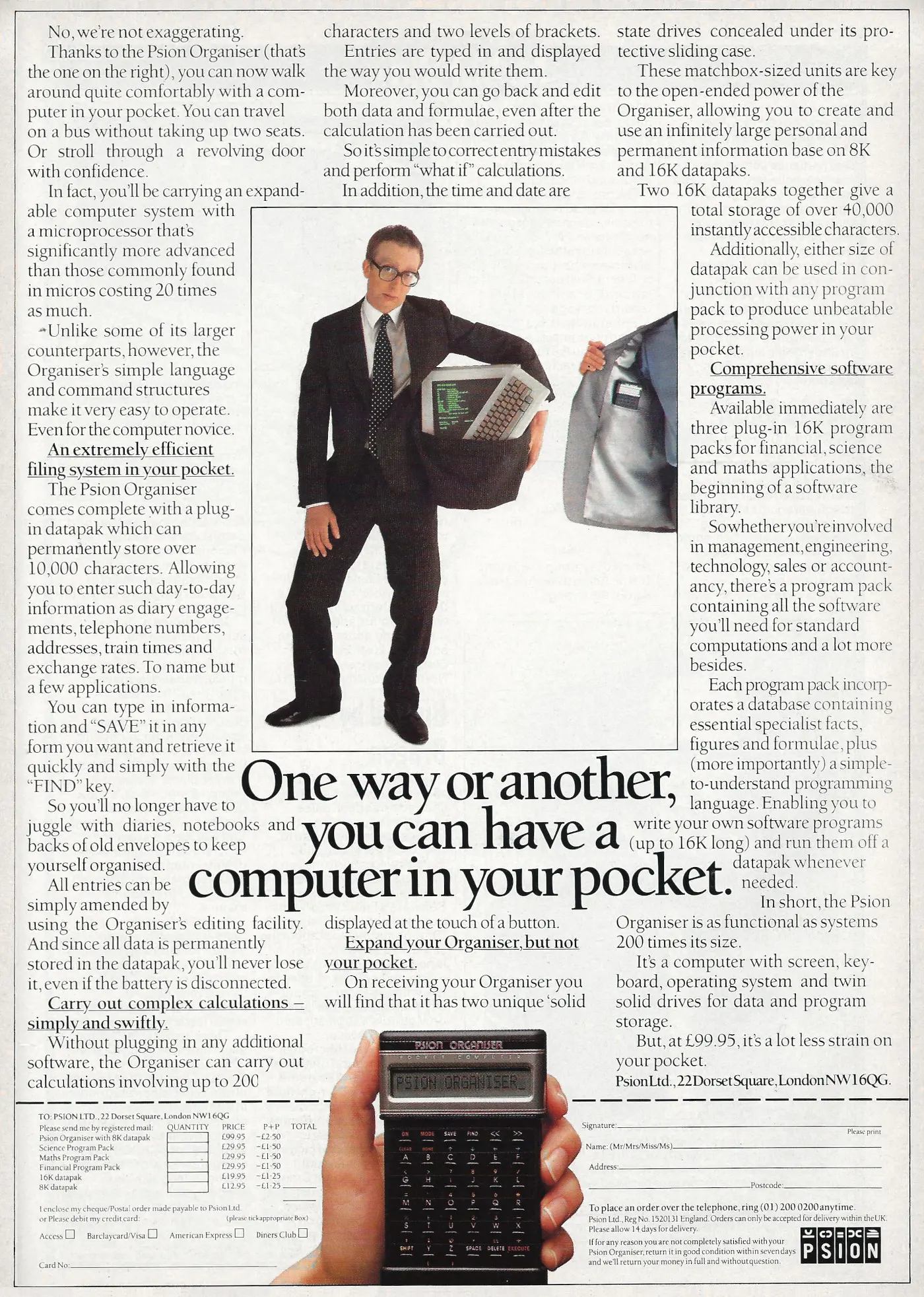 Psion Advert: One way or another, you can have a computer in your pocket, from Personal Computer World, August 1984