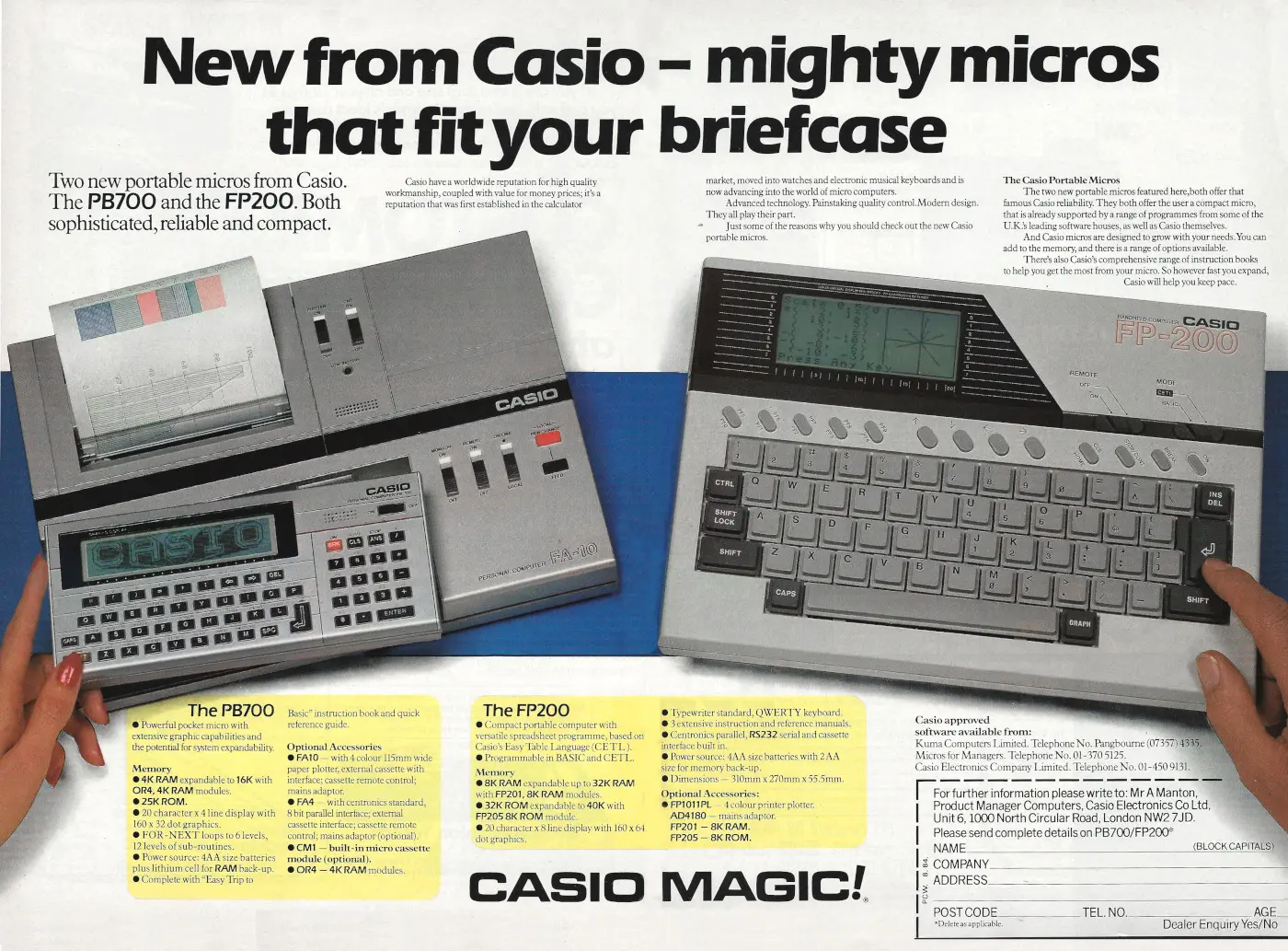 Casio Advert: New from Casio - mighty micros that fit in your briefcase, from Personal Computer World, August 1984