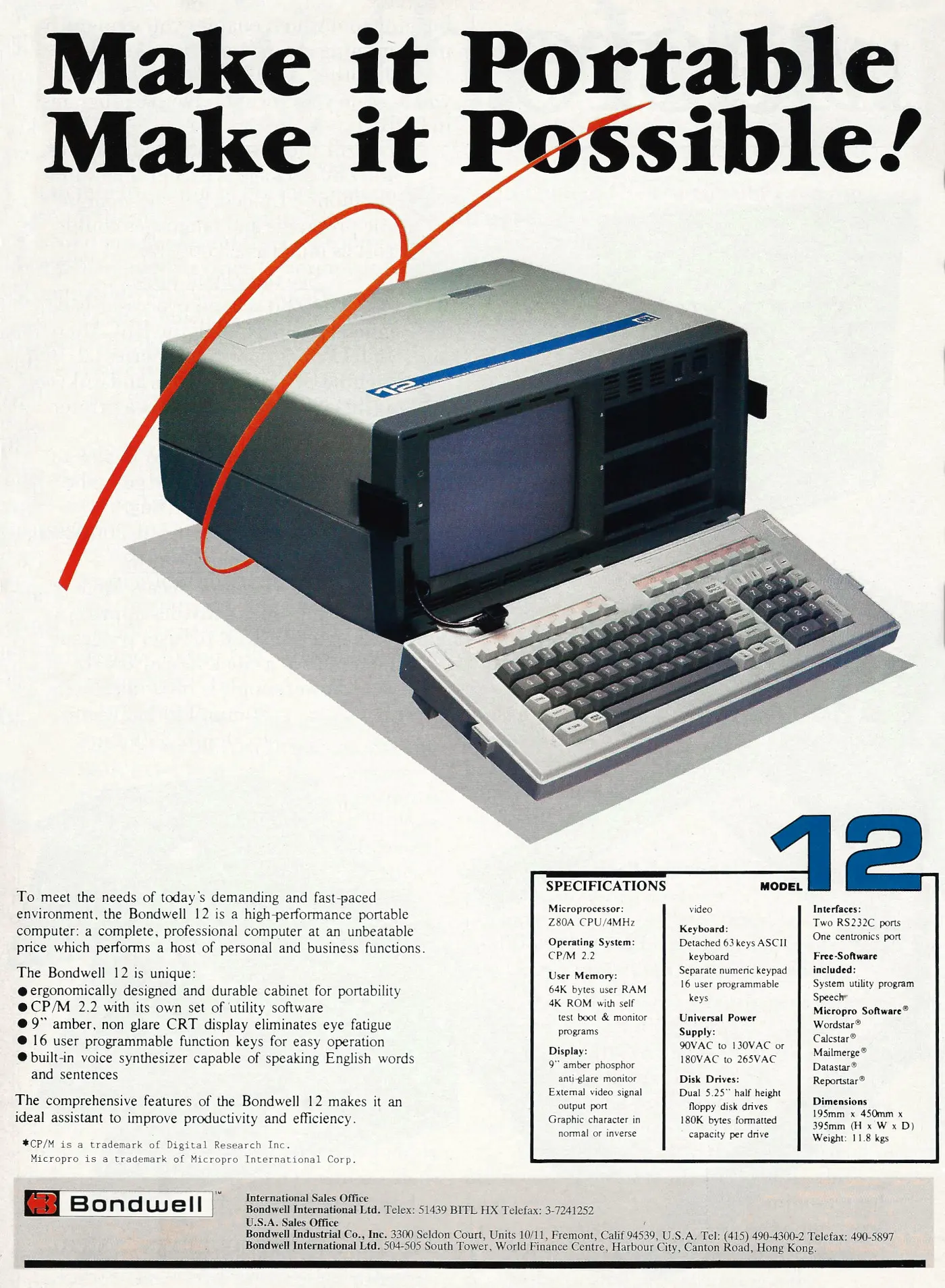 Bondwell Advert: Make it portable! Make it possible, from Personal Computer World, August 1984