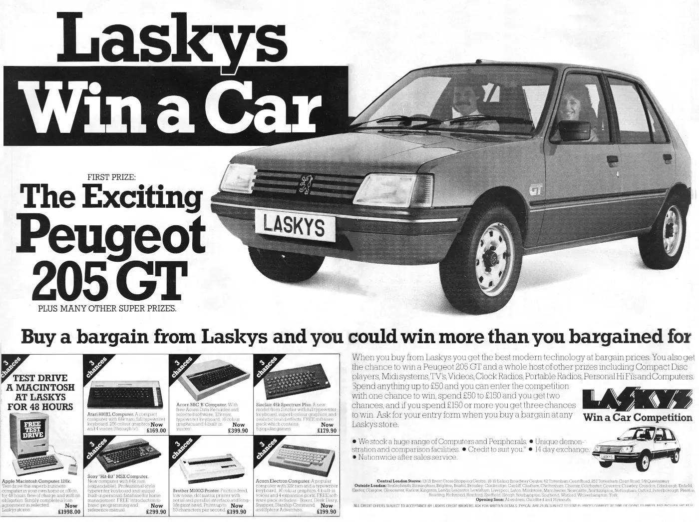 Laskys Advert: Laskys - Win a Peugeot 205 GT, from Personal Computer World, December 1984