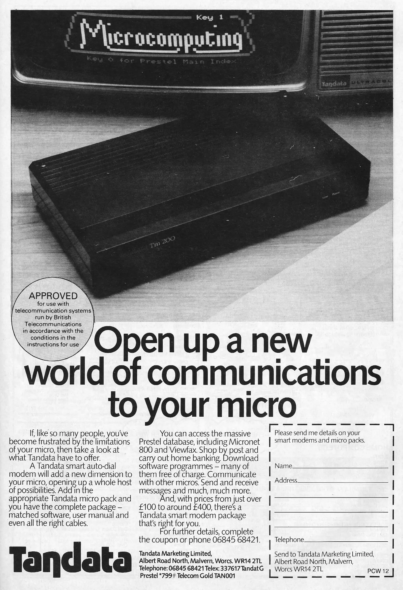 Tandata Advert: Tandata Tm 200: Open up a new world of communications to your micro, from Personal Computer World, December 1984