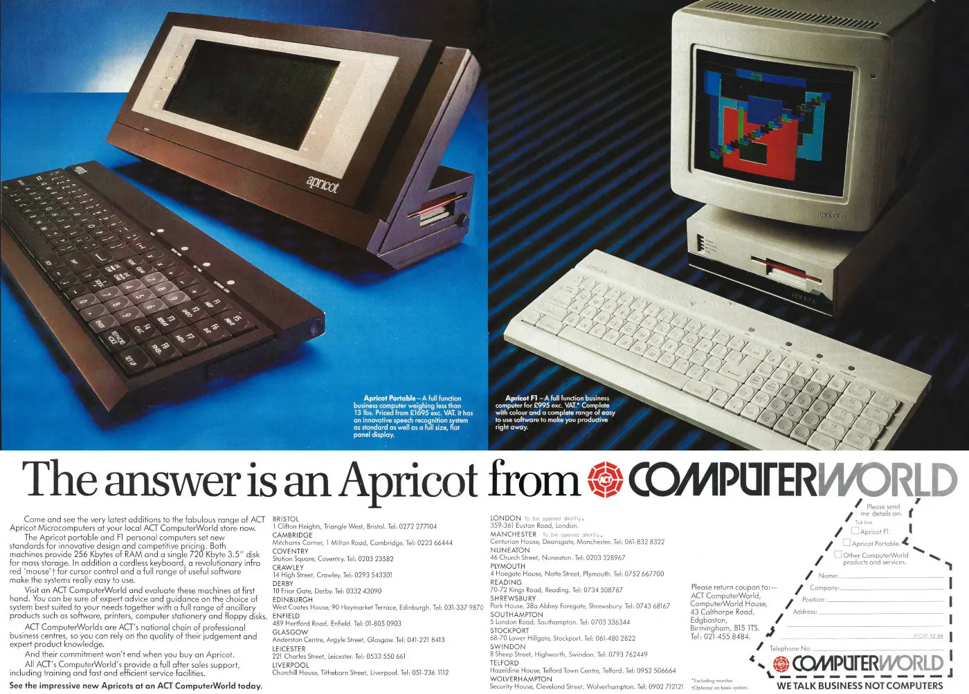 ACT/Apricot Advert: The answer is an Apricot from ComputerWorld, from Personal Computer World, December 1984
