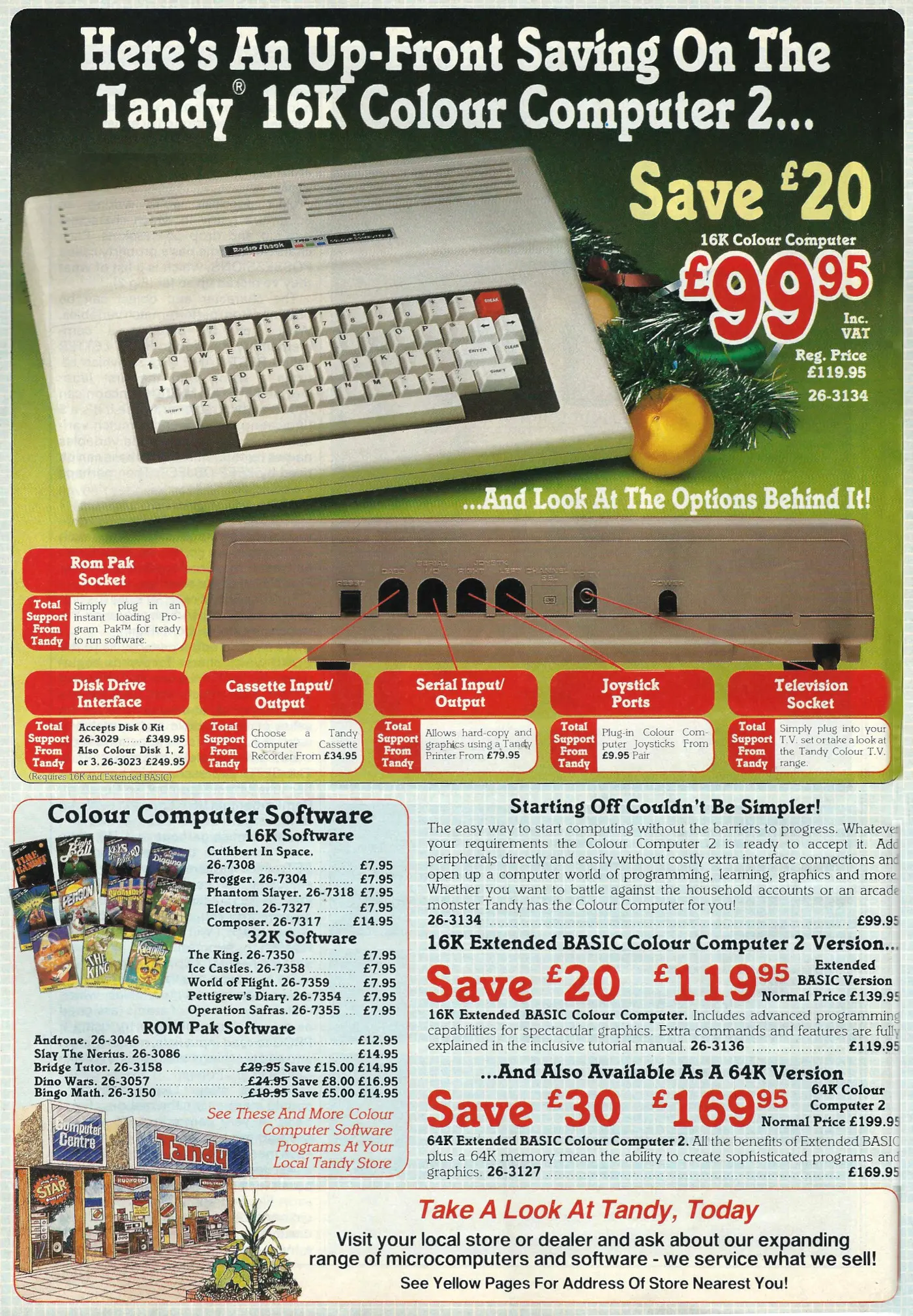 Tandy/Radio Shack Advert: Here's an up-front saving on the Tandy 16K Colour Computer 2, from Personal Computer World, December 1984