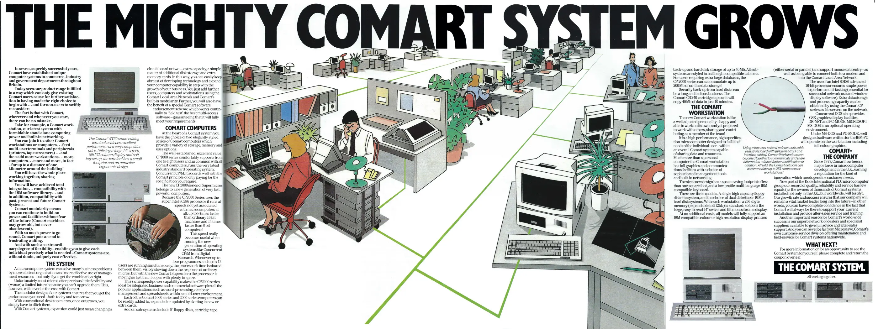 Comart Advert: From a Single Comart Workstation... The Mighty Comart System Grows, from Personal Computer World, December 1984