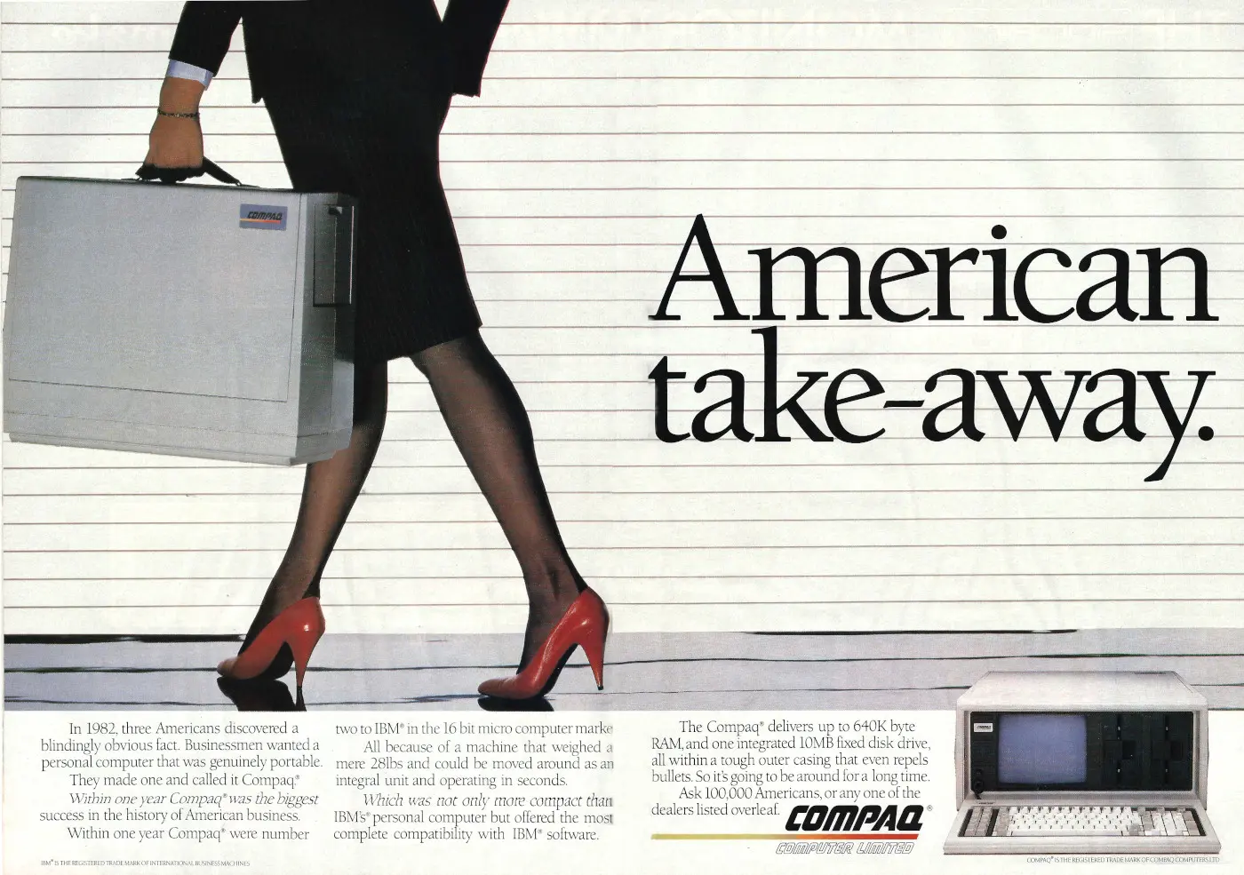 Compaq Advert: American take-away, from Personal Computer World, December 1984