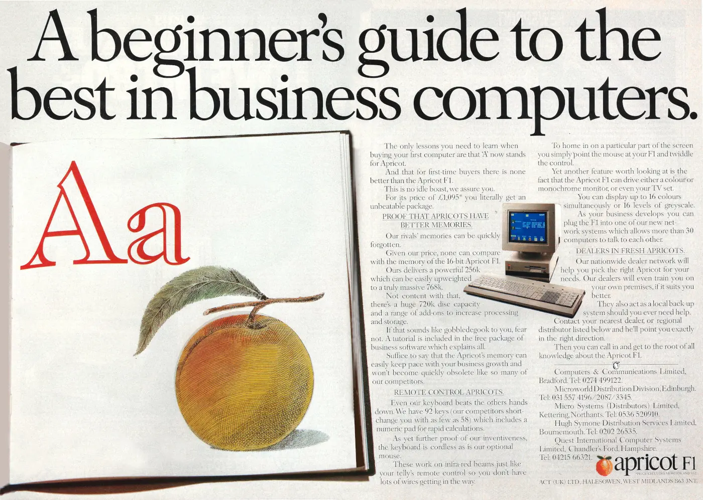 ACT/Apricot Advert: A beginner's guide to the best in business computers, from Personal Computer World, April 1985