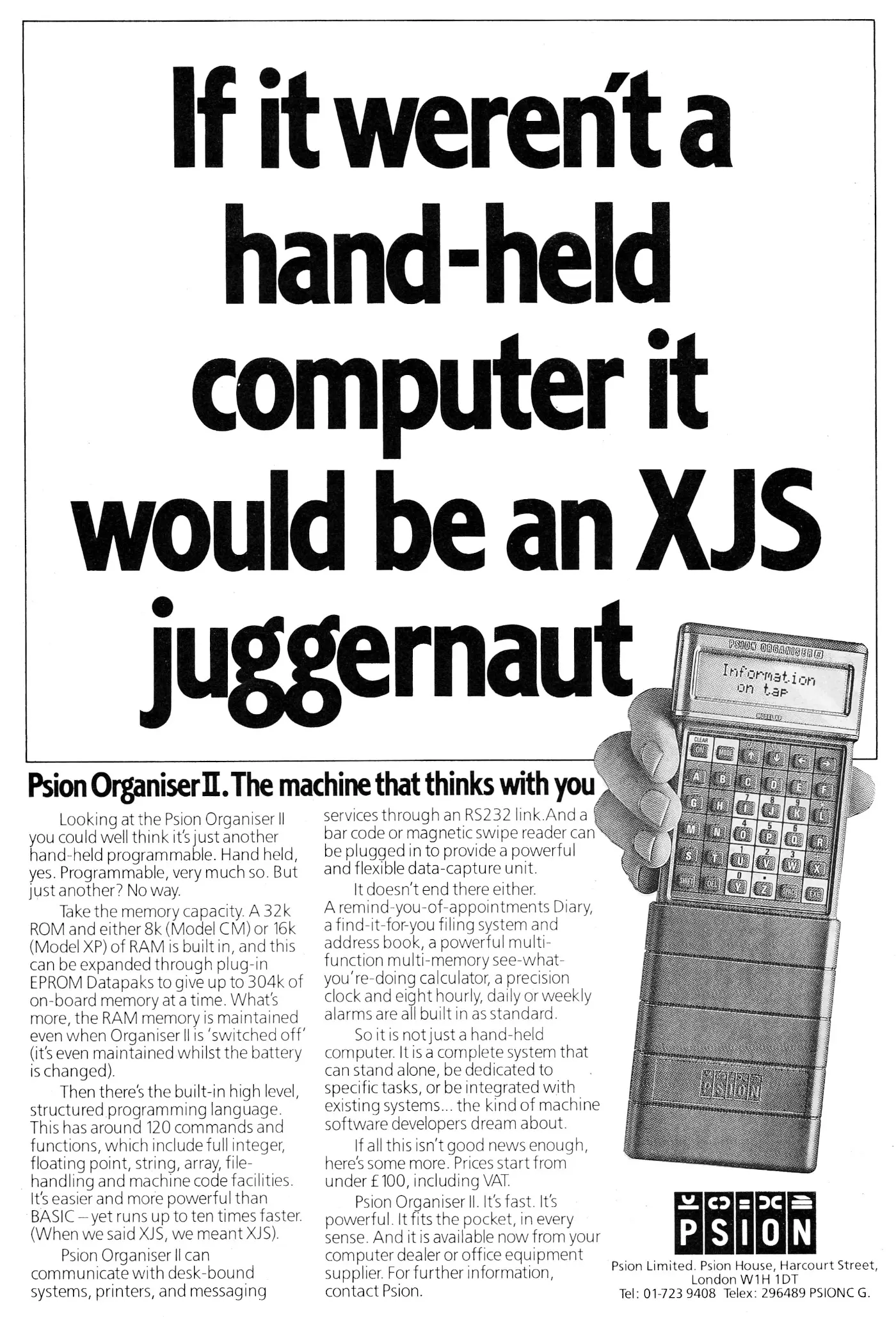 Psion Advert: If it weren't a handheld computer, it would be an XJS juggernaut, from Personal Computer World, January 1987