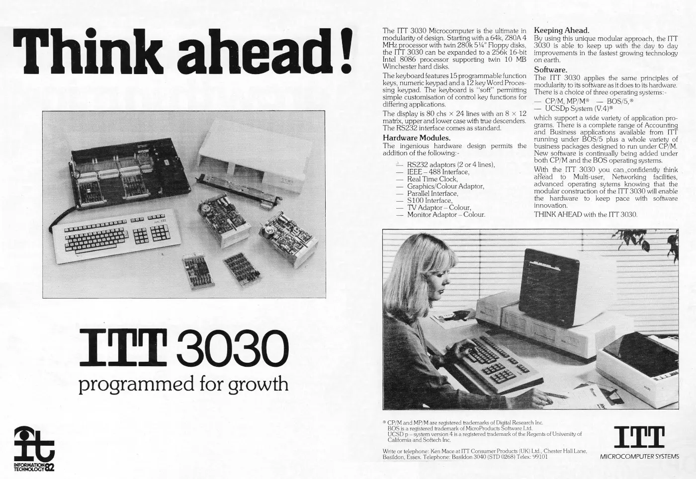 ITT Advert: Think ahead! ITT 3030 Programmed for Growth, from Personal Computer World, July 1982
