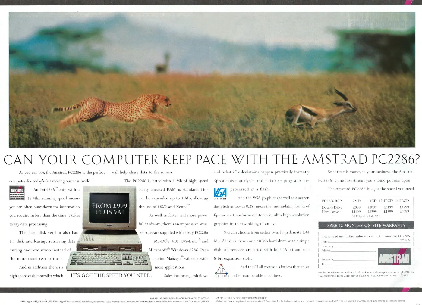 Amstrad Advert: Can your computer keep pace with the Amstrad PC2286?, from Personal Computer World, April 1990