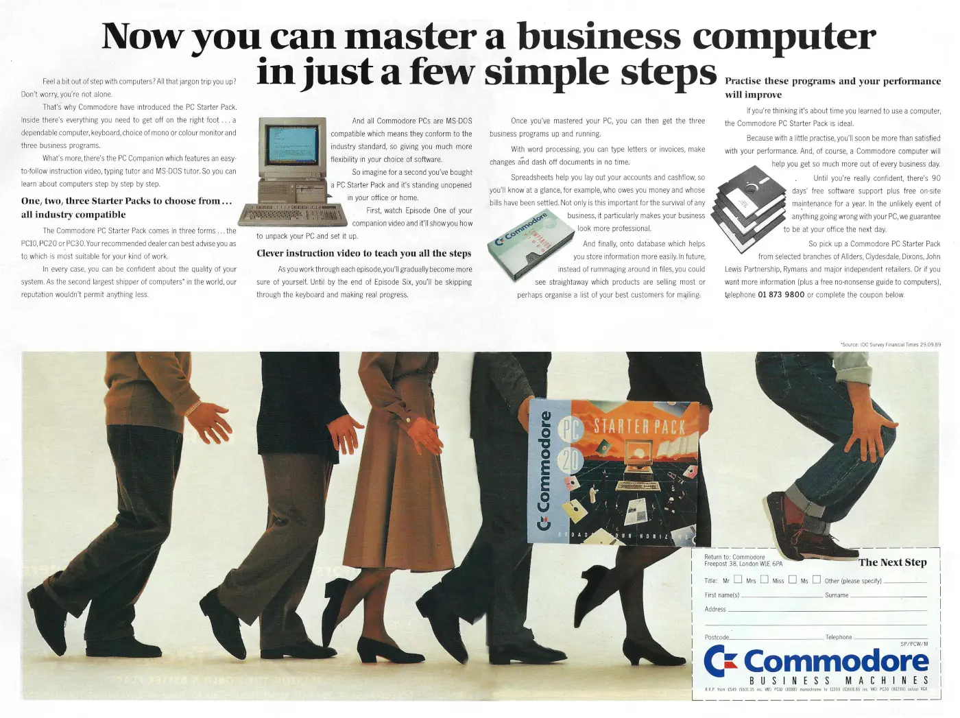 Commodore Advert: PC 20: Now you can master a business computer in just a few simple steps, from Personal Computer World, April 1990