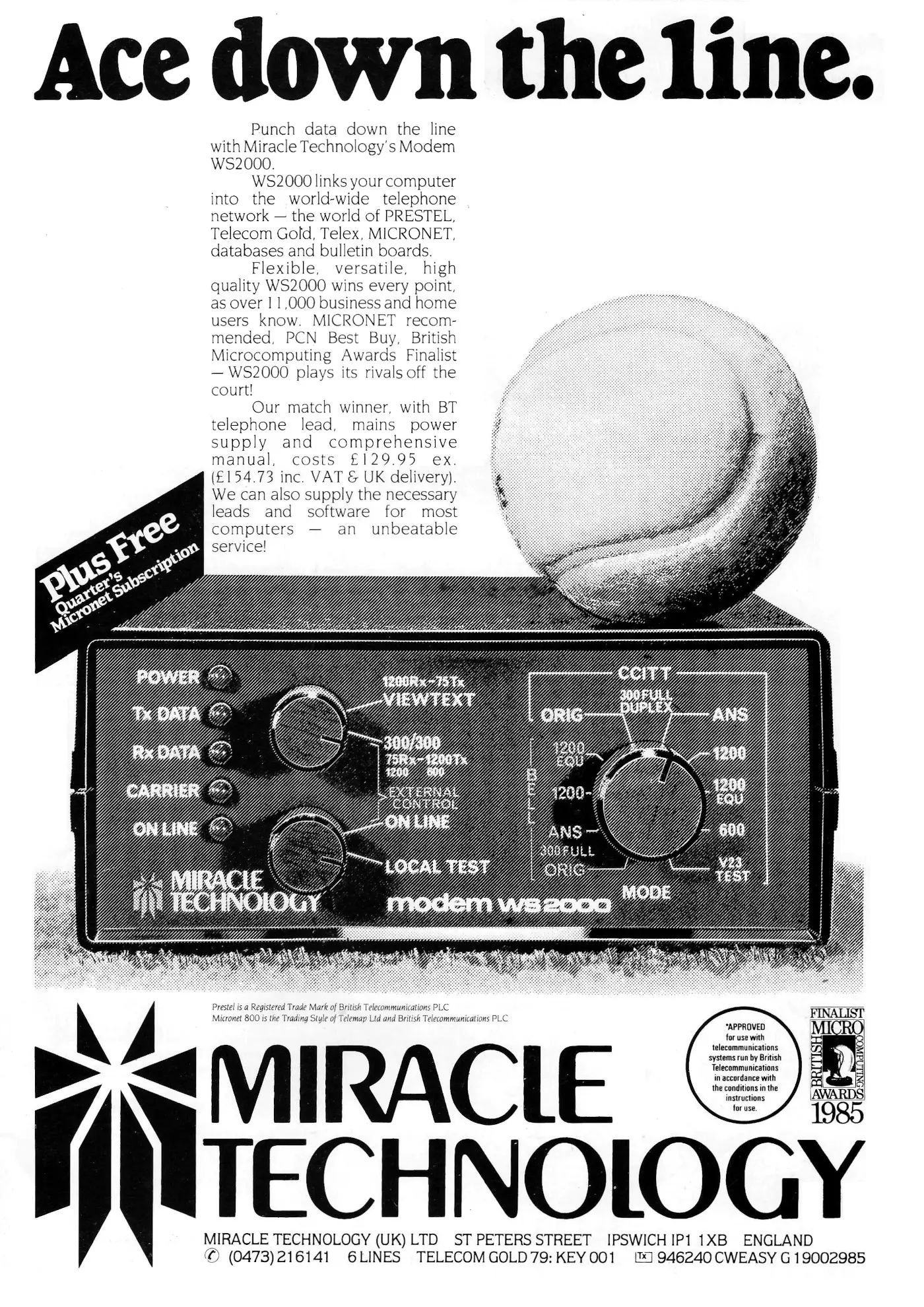 Miracle Technology Advert: Miracle Technology WS2000 Modem: Ace Down The Line, from Personal Computing Today, September 1985