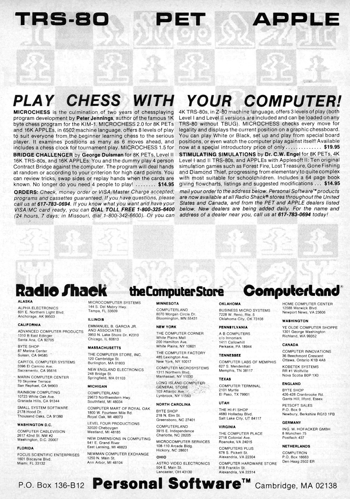 A Personal Software advert, including Microchess by Peter Jennings . From Byte, December 1978