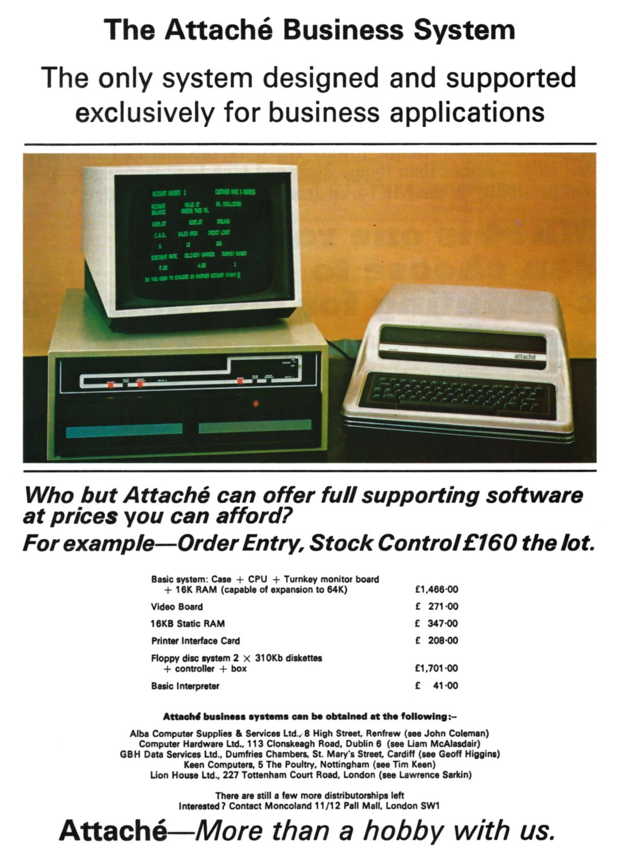 Pertec Advert: The Attaché Business System - The only system designed and supported exclusively for business applications, from Practical Computing, May 1979