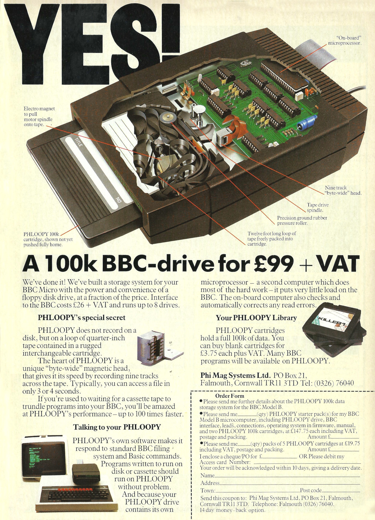 Phi Mag Systems' Phloopy - quite similar to Sinclair's Microdrive, but aimed at the BBC Micro. From Acorn User, September 1984