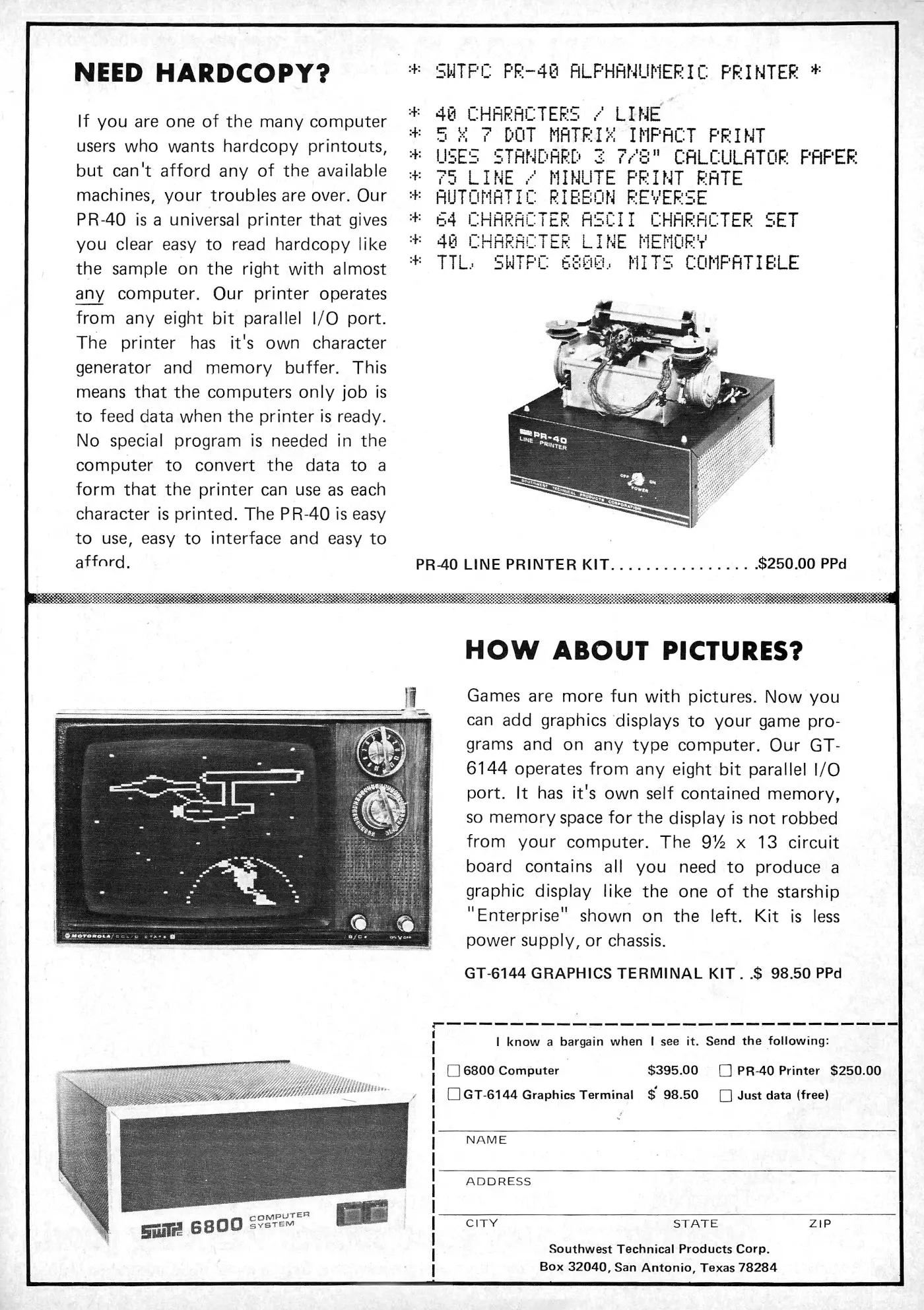 SWTPC Advert: SWTPC: Need hardcopy? How about pictures?, from Popular Electronics, December 1976