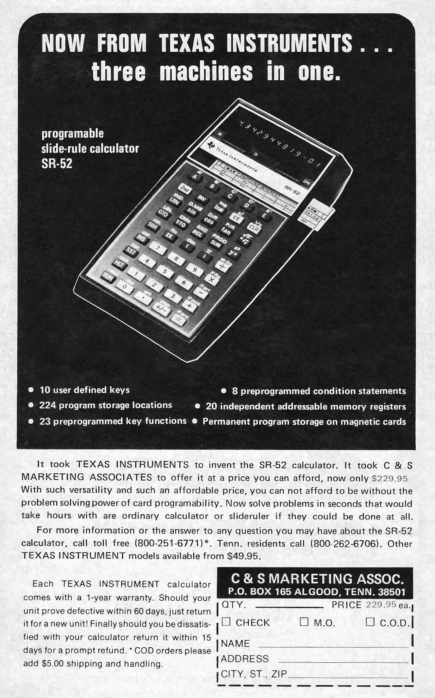 Texas Instruments Advert: Now from Texas Instruments - three machines in one, from Popular Electronics, December 1976