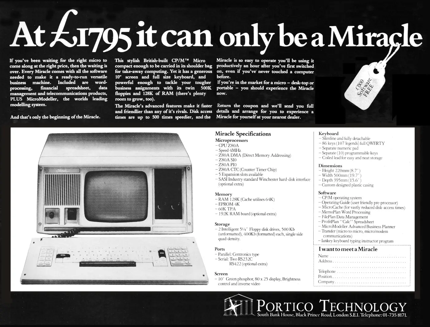 Portico Advert: At £1,795 it can only be a Miracle, from Personal Computer World, October 1983