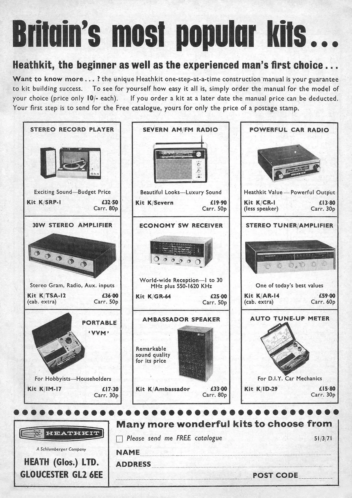 Heathkit Advert: Heathkit - Britain's Most Popular Kits, from Practical Electronics, March 1971