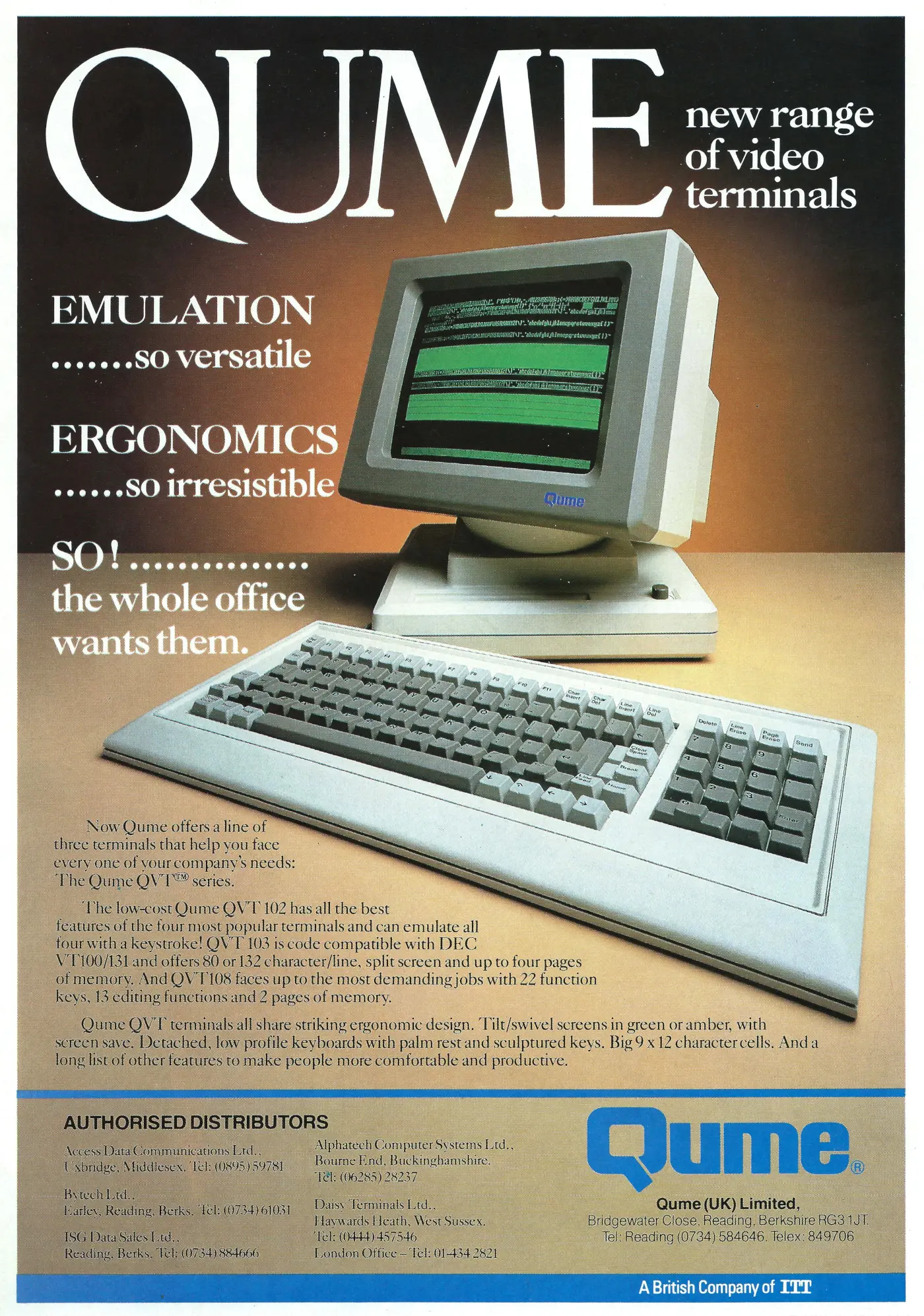 Qume Advert: Qume - A New Range of Video Terminals, from Practical Computing, August 1983