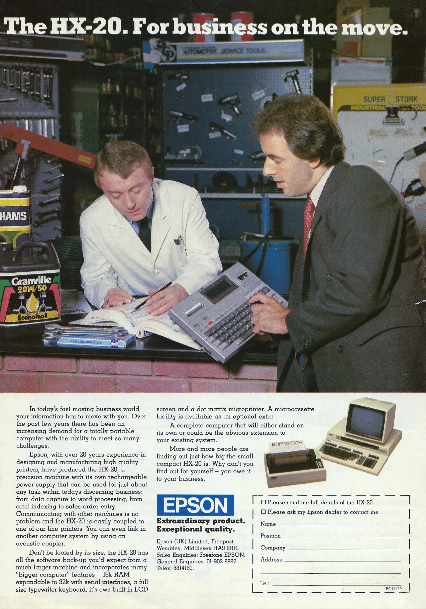Epson Advert: <b>The Epson HX-20: for Business on the Move</b>, from Practical Computing, August 1983