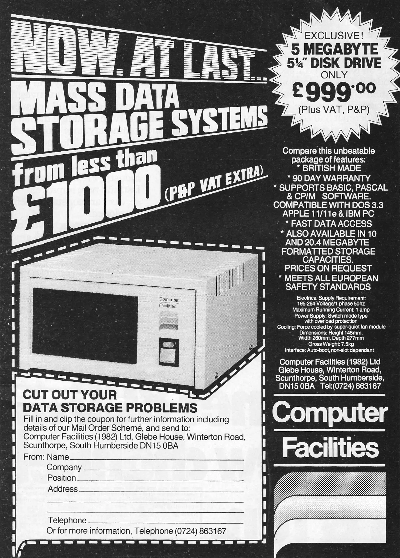 Computer Facilities Advert: Mass Data Storage from less than £1,000, from Practical Computing, November 1983