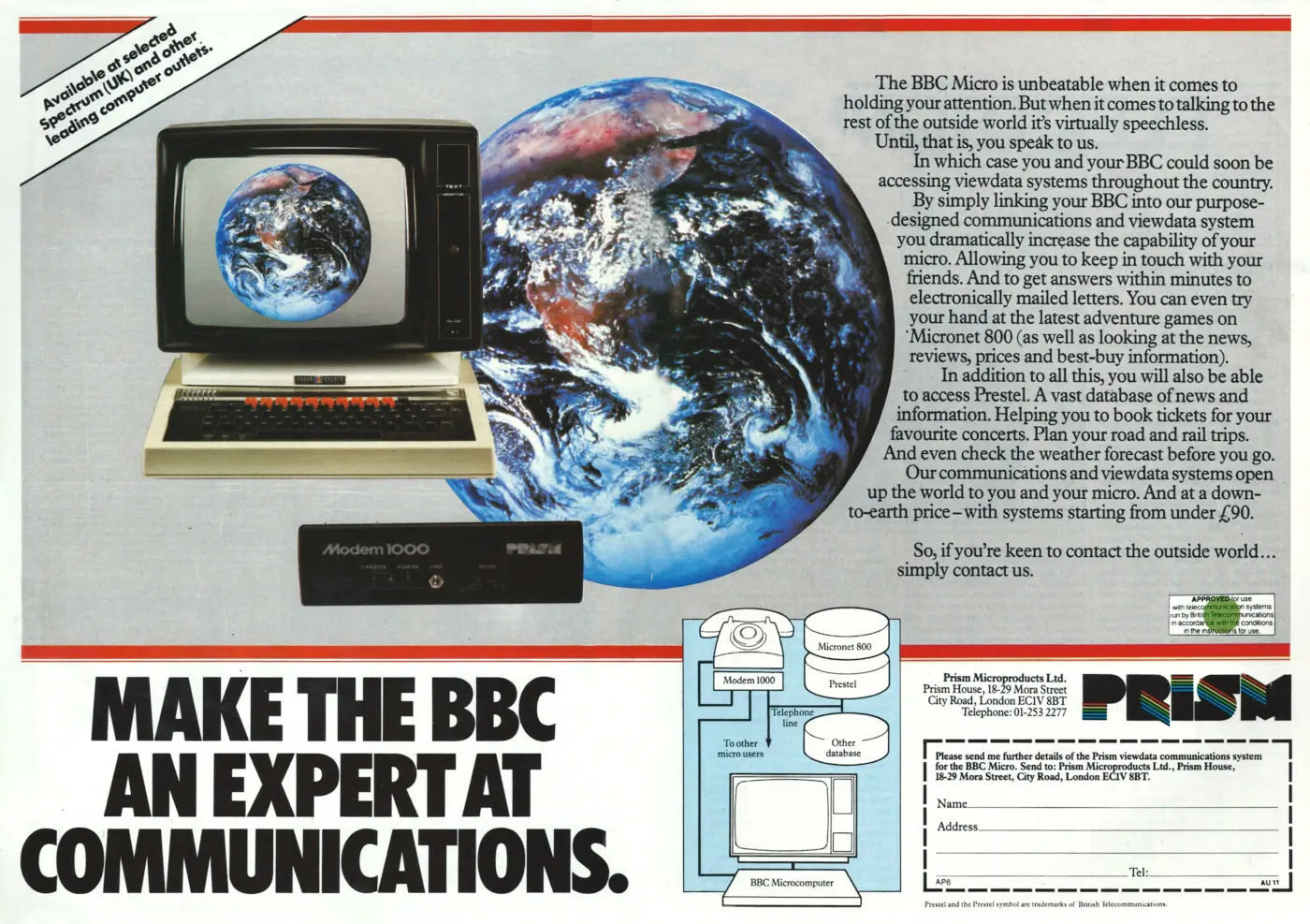 Prism Advert: Make the BBC an expert at communications, from Acorn User, November 1984