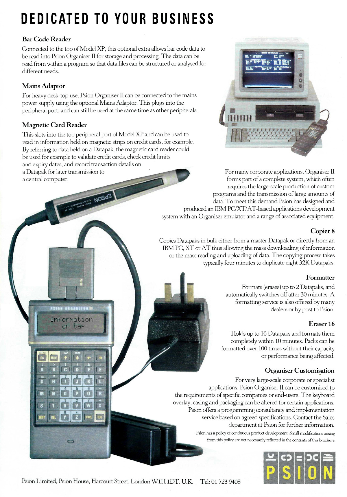 Some of the peripherals available for the Organiser II, as seen in a glossy eight-page booklet inserted into June 1986's Personal Computer World