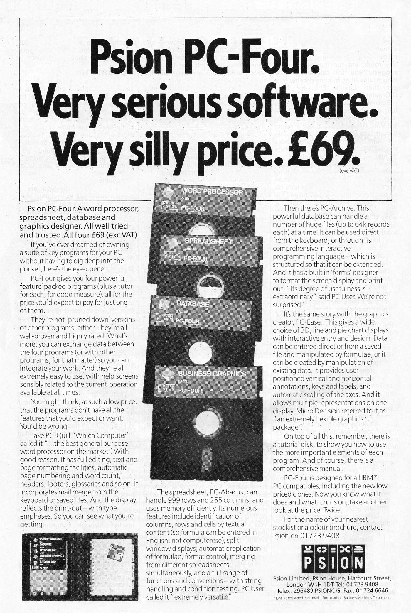 Psion's PC-4 application suite, the MS-DOS-compatible consumer version of the software that ended up on the QL and One-Per-Desk. From Personal Computer World, June 1988