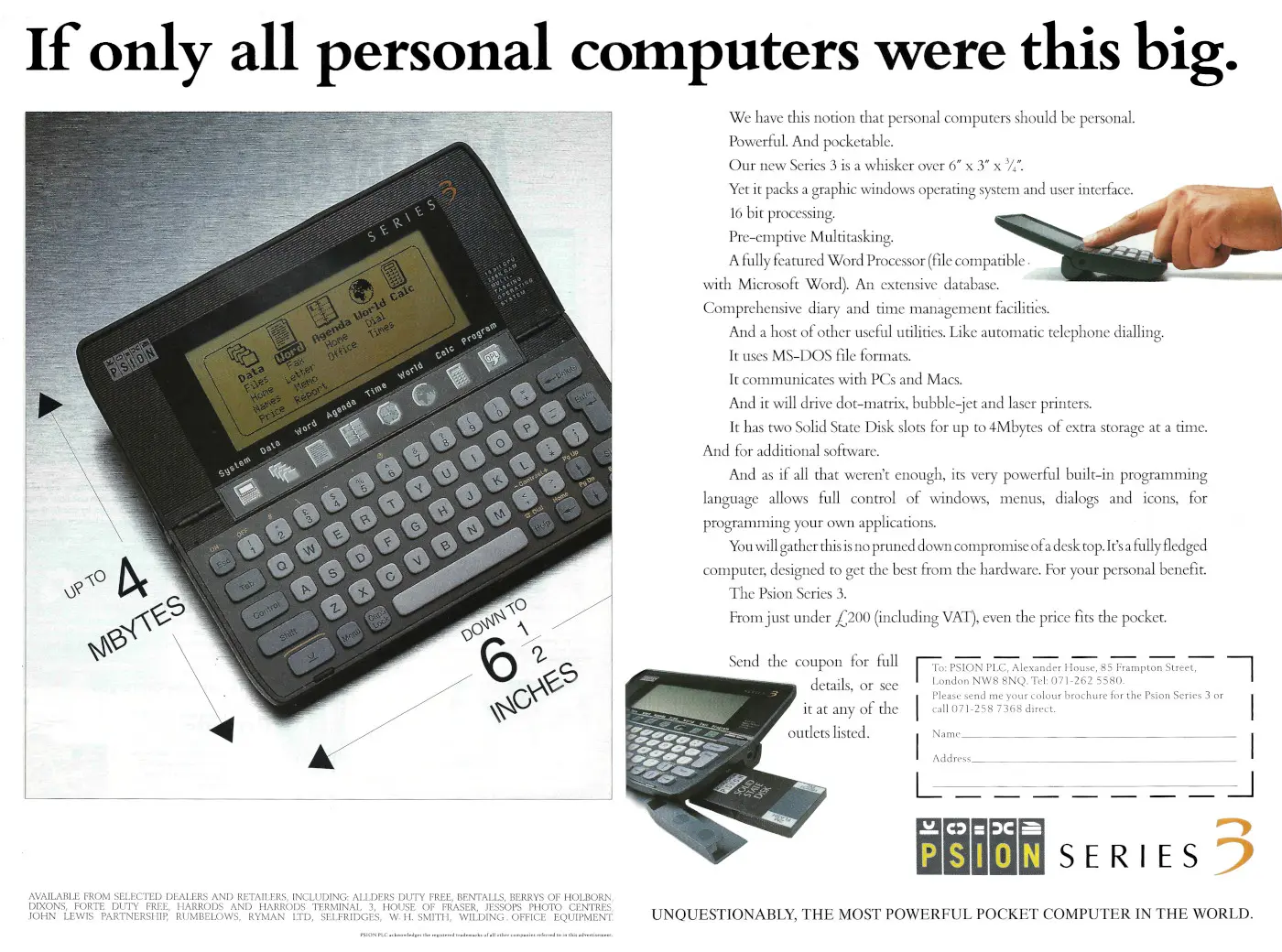 Psion Advert: If only all personal computers were this big, from Personal Computer World, December 1991