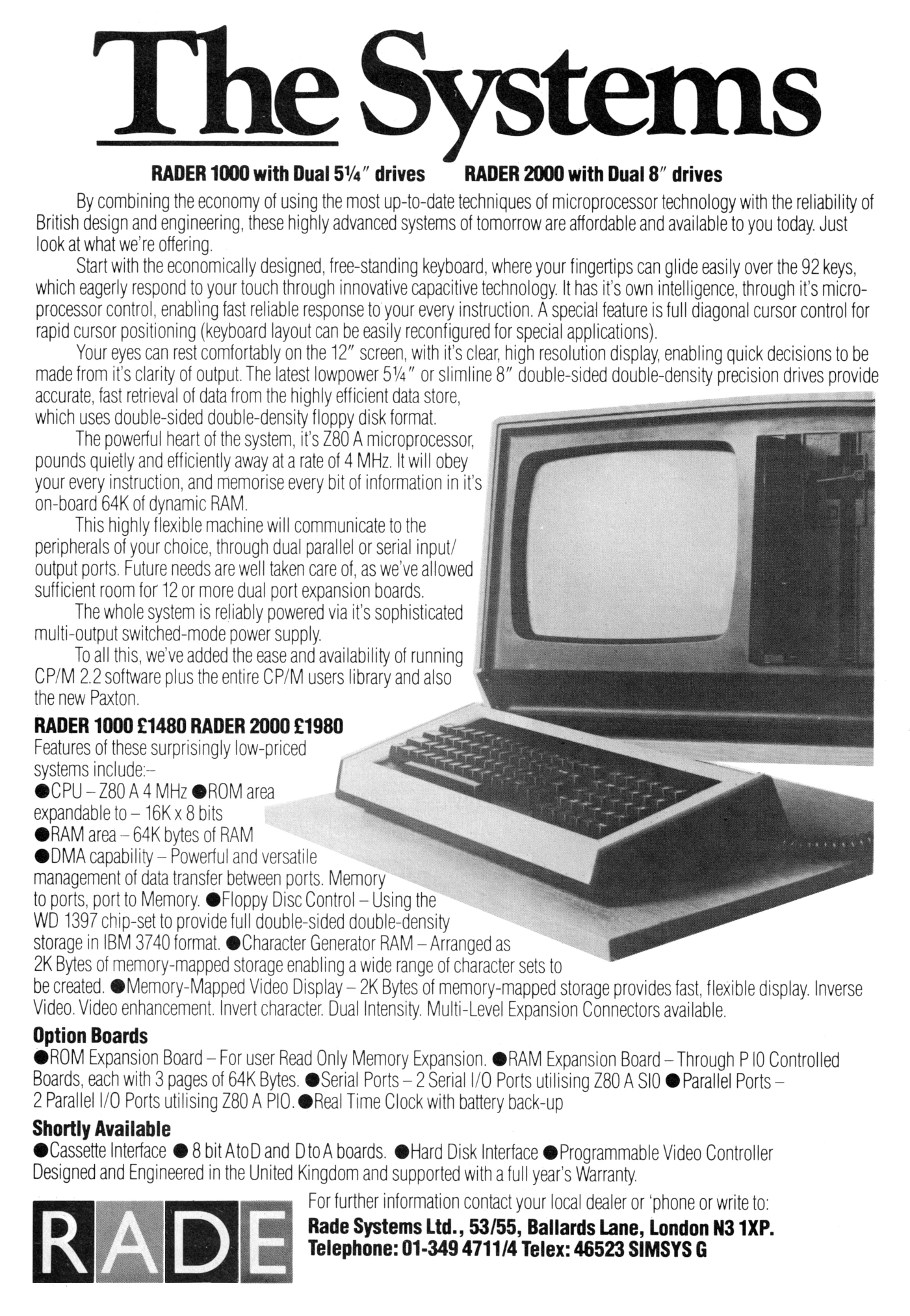 Rade Systems Advert: The systems: Rader 1000 and Rader 2000, from Practical Computing, February 1982