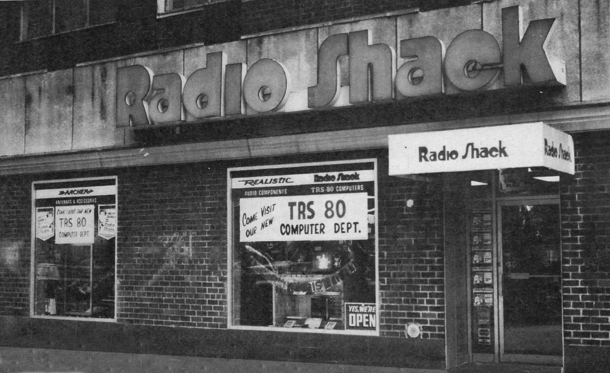 One of Radio Shack's extensive US network of Main Street shops, probably taken in 1977 or '78 and showing hand-made signs for the TRS 80 computer department. From Micro Decisions, May 1982