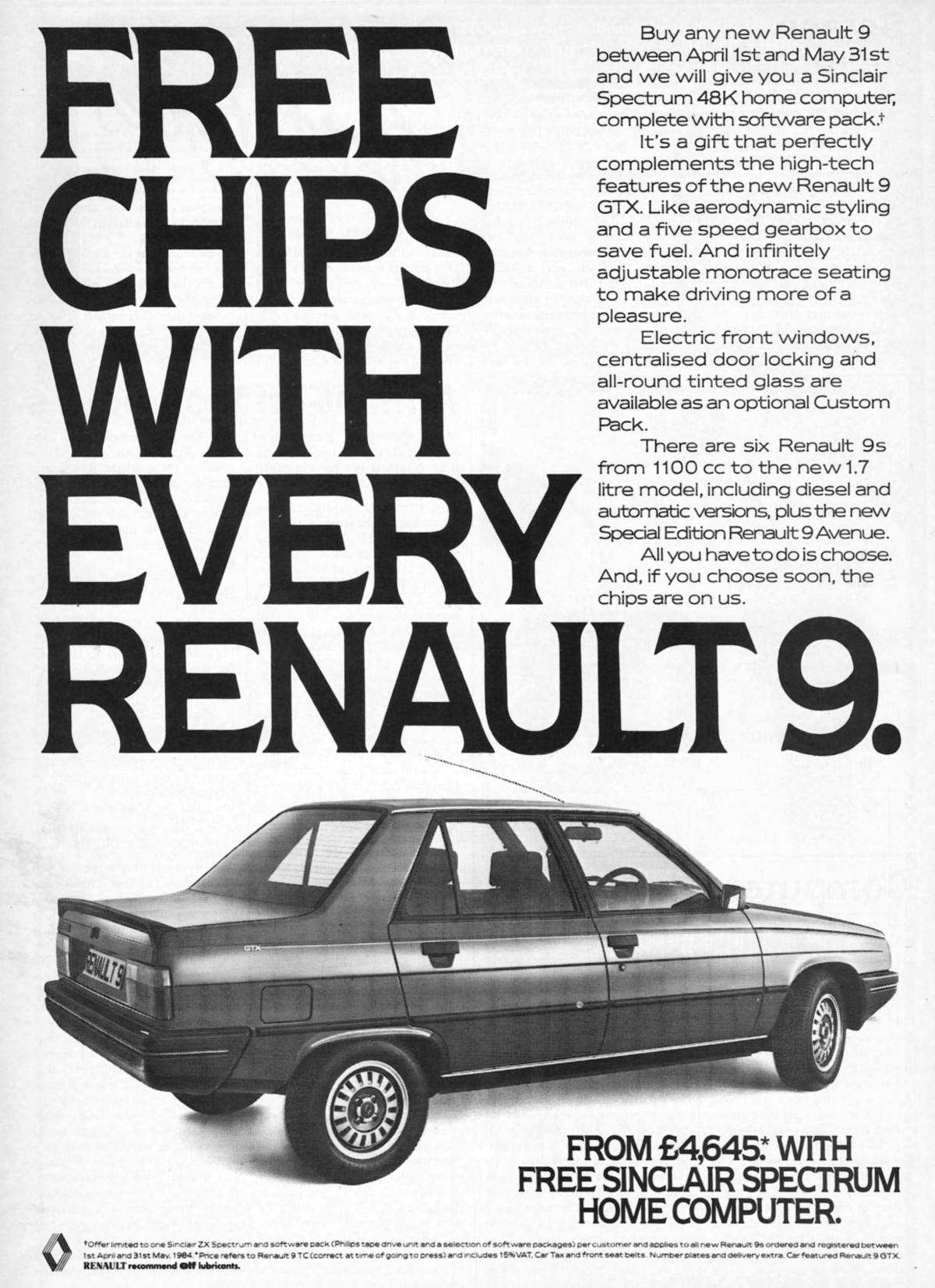 Cars and micros seemed to be a popular thing, as this advert for a Renault 9 shows. Buy the car, get a 48K Spectrum, complete with tape recorder and <span class='hilite'><span class='hilite'><span class='hilite'>software</span></span></span> pack, for free. From Your Computer, May 1984.