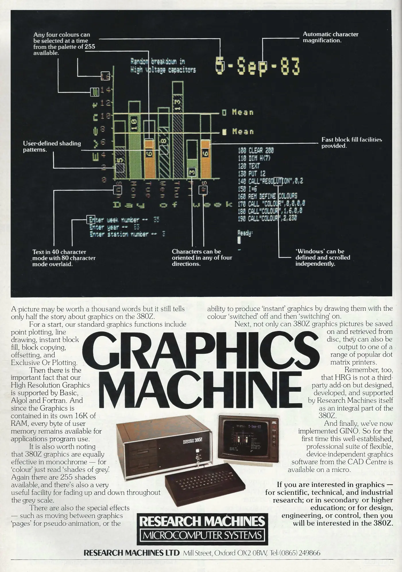 Research Machines Advert: Research Machines: Graphics machine, from Personal Computer World, March 1983