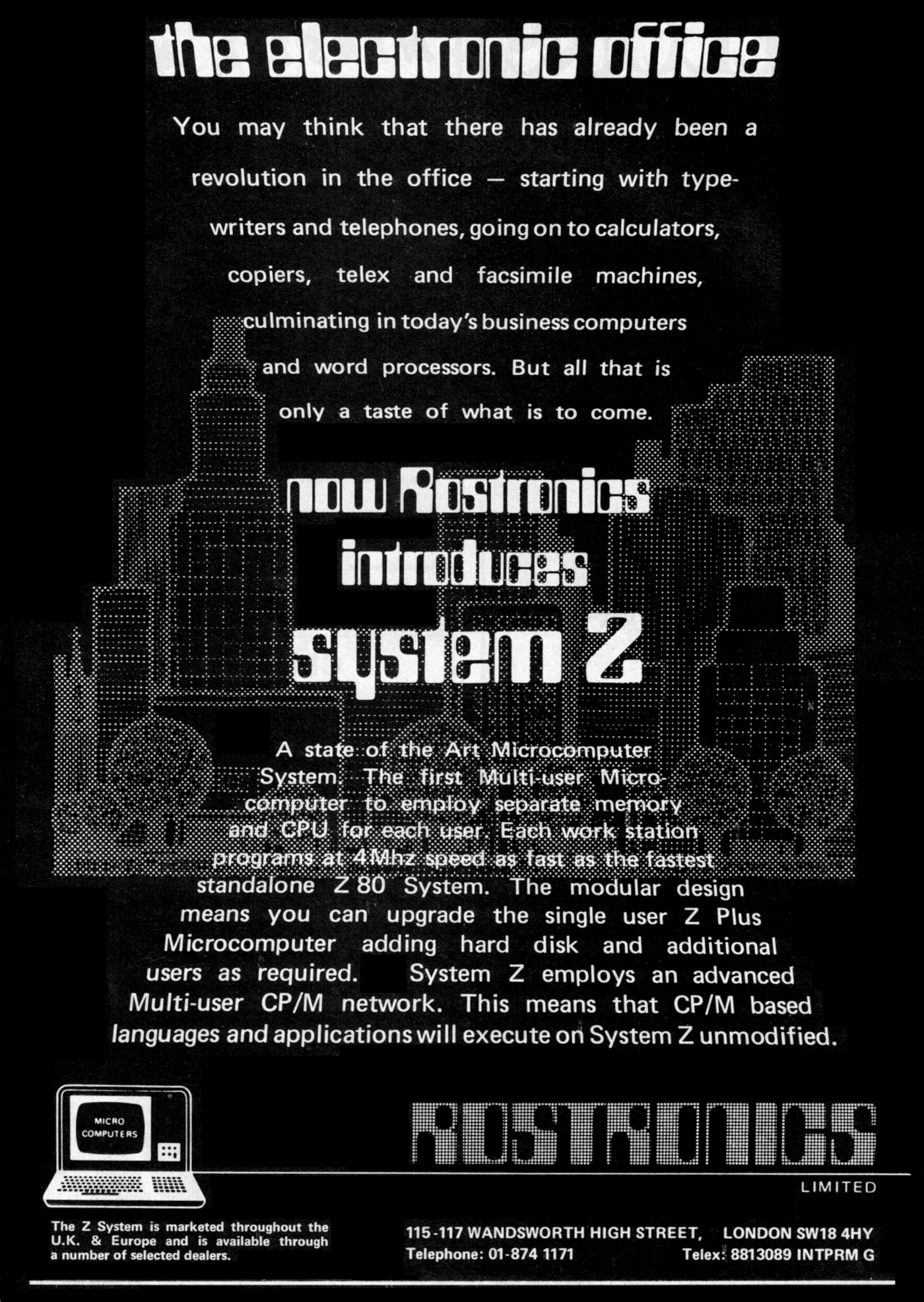 Rostronics Advert: The Electronic Office: Rostronics introduces System Z, from Practical Computing, July 1980